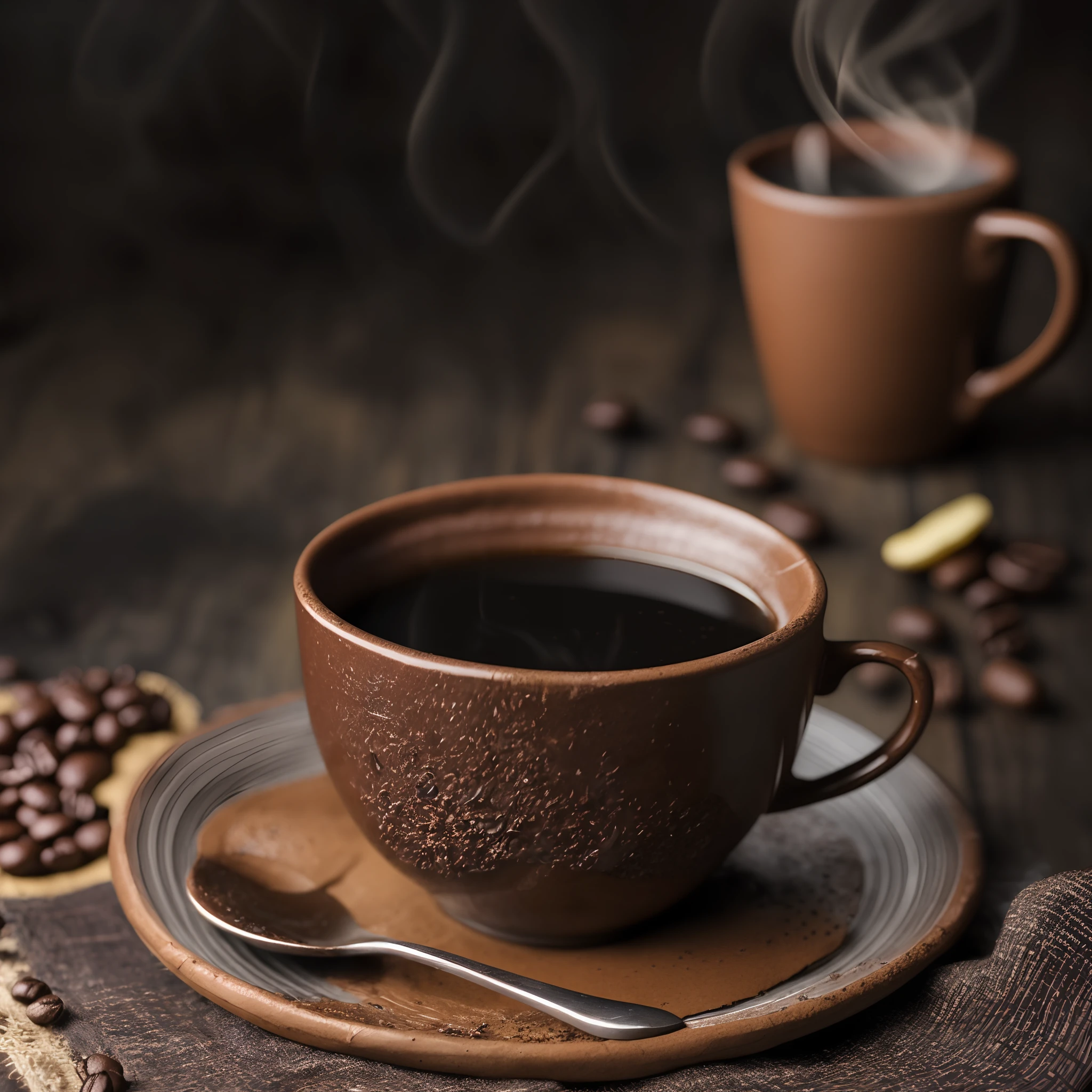 roasted coffee and beans spread over on a cloth with a cup of clay coffee soft smoke photographed with a 35mm HDR ultra realistic macro camera