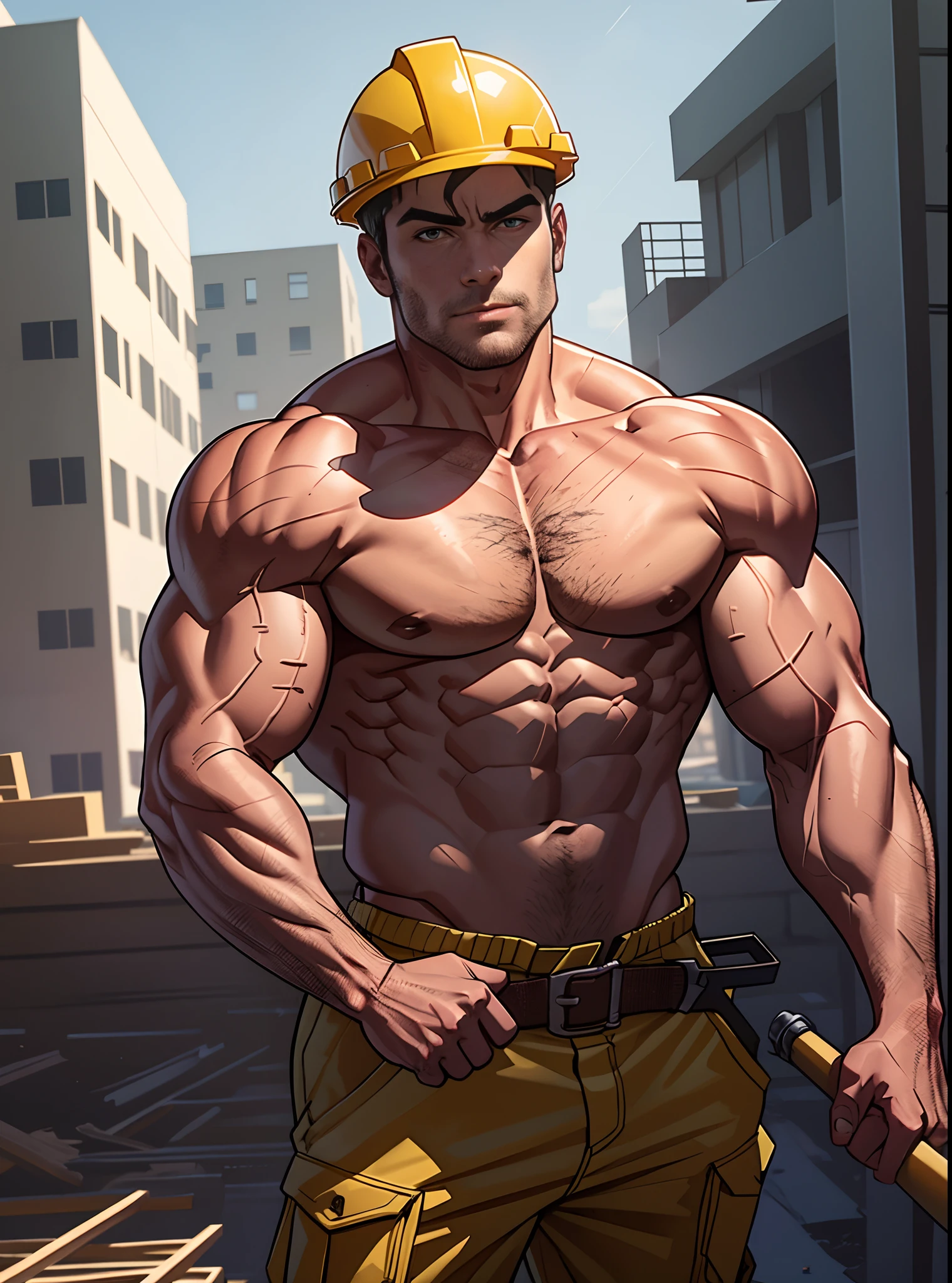 Builder, working at a construction site, muscular body, detailed, detailed body, dynamic pose