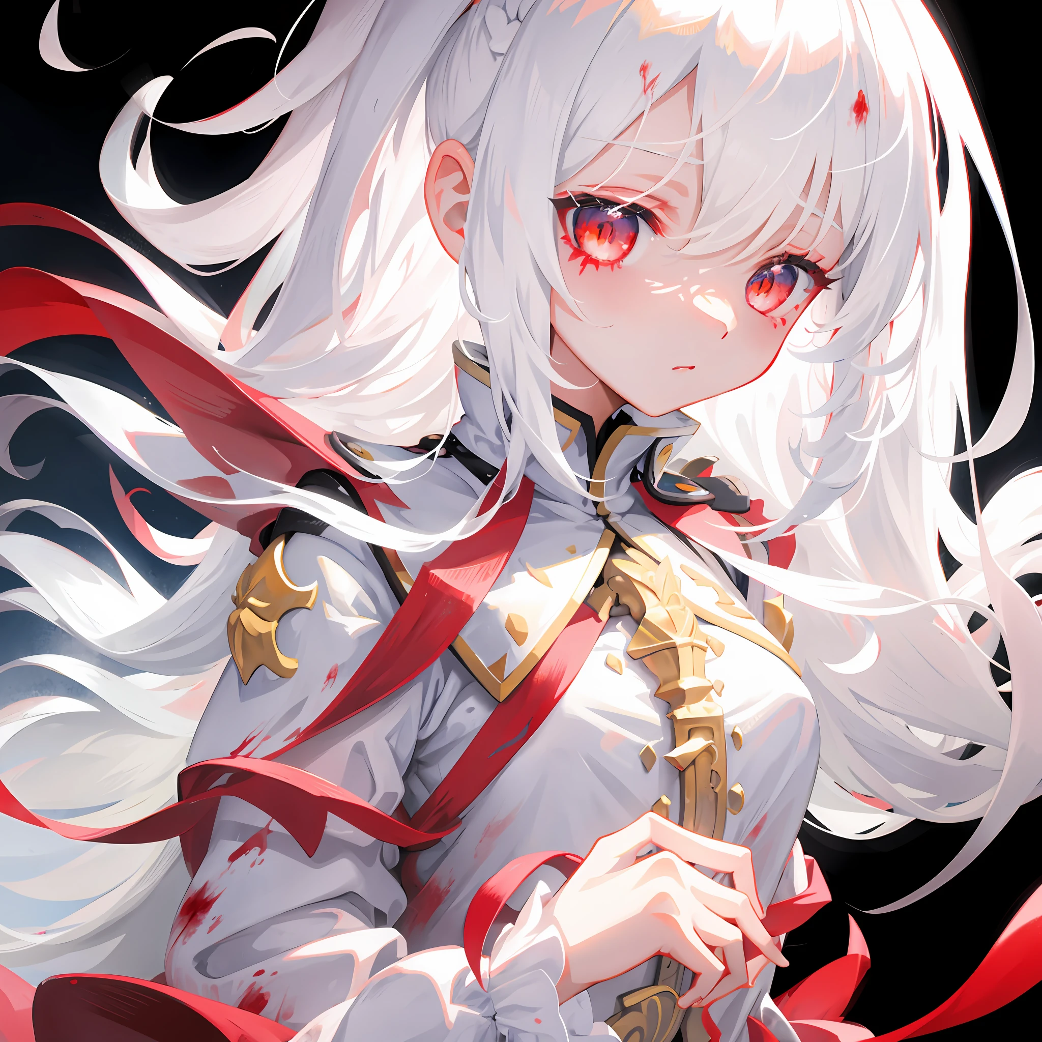 Close-up, one girl, white hair, white eyes, white background, blood