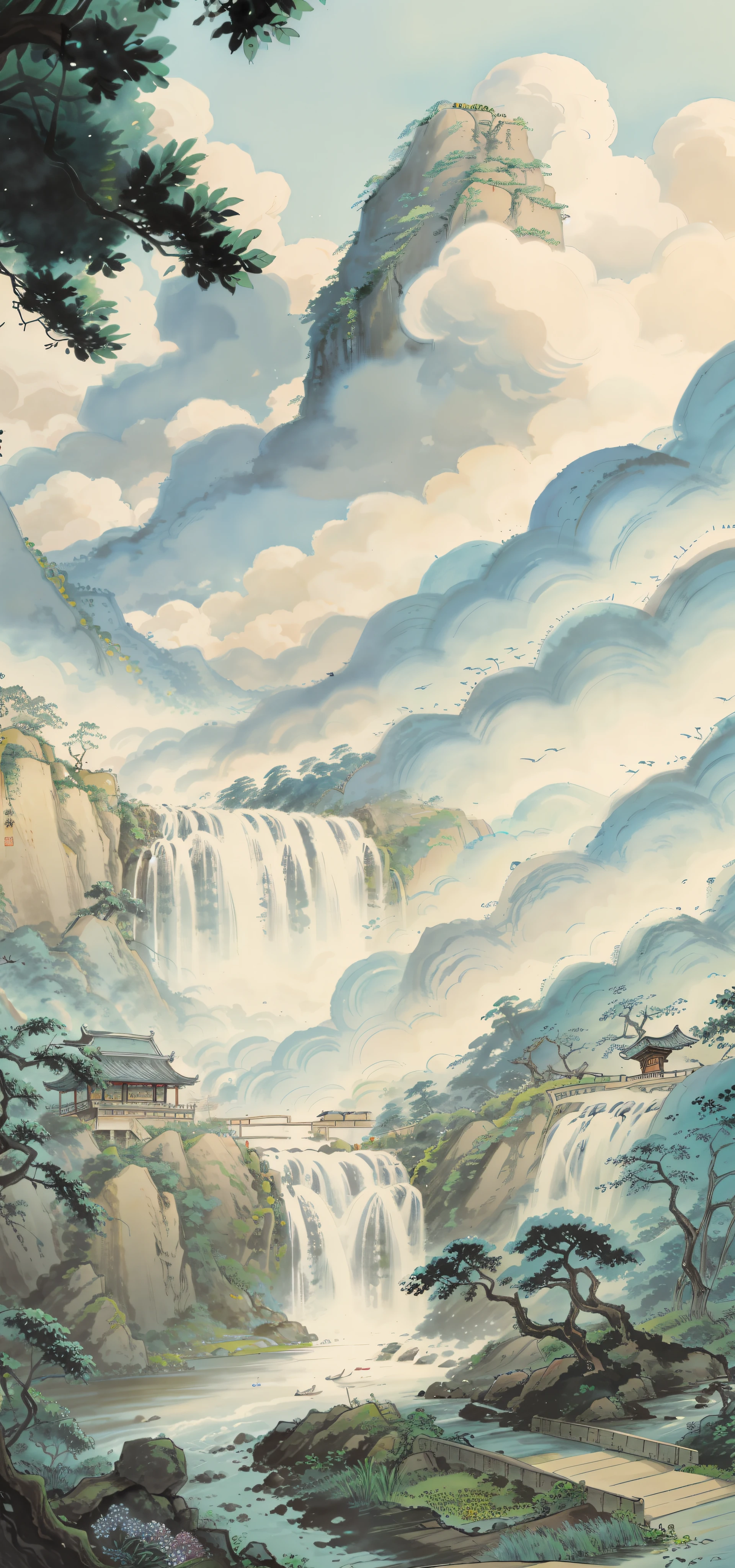 Chinese landscape painting,big trees，Stone waterfall，flowingwater,Far Tree,weeds,small boats,jetty,Sky blank clouds,Five or six farmhouses