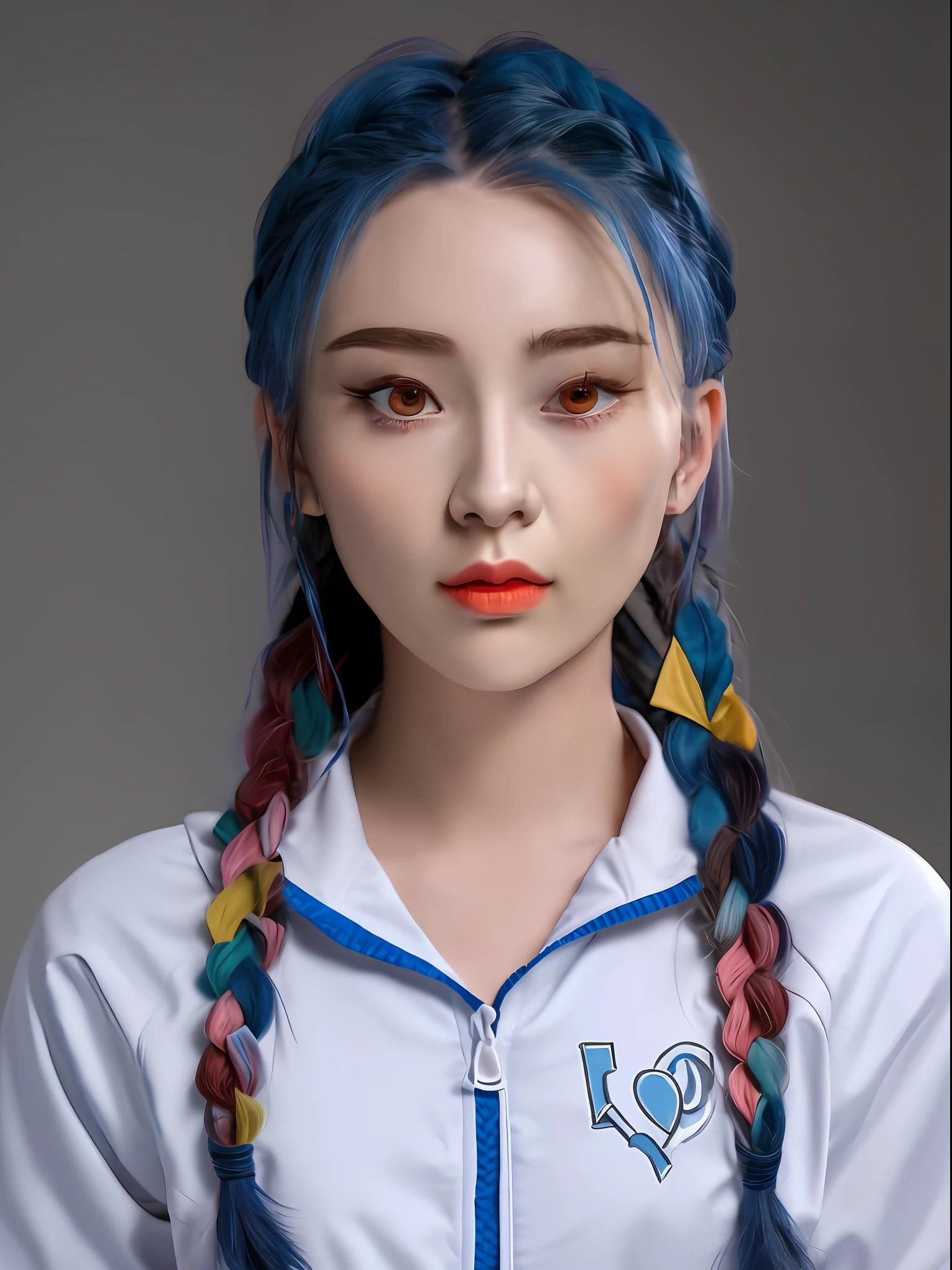 Close up of a woman with blue hair and white jacket, colorful pigtail, two long braids blue, two blue braids, braid hairstyle, long braided blue hair, Blue braided hair, blue hairs，Two long braids, Double long braid blue, double very long braids blue, Twin tail hairstyle, portrait of female korean idol, two pigtails hairstyle, Korean girl