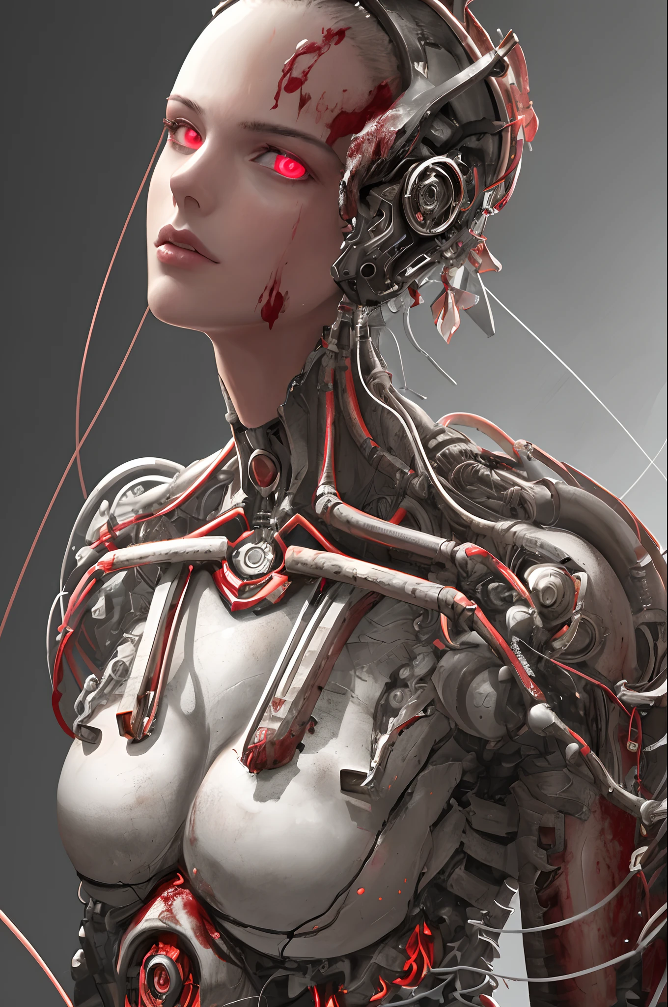 1mechanical girl,((ultra realistic details)), portrait, global illumination, shadows, octane render, 8k, ultra sharp,metal,intricate, ornaments detailed, cold colors, egypician detail, highly intricate details, realistic light, trending on cgsociety, glowing eyes, facing camera, neon details, machanical limbs,blood vessels connected to tubes,mechanical vertebra attaching to back,mechanical cervial attaching to neck,sitting,wires and cables connecting to head