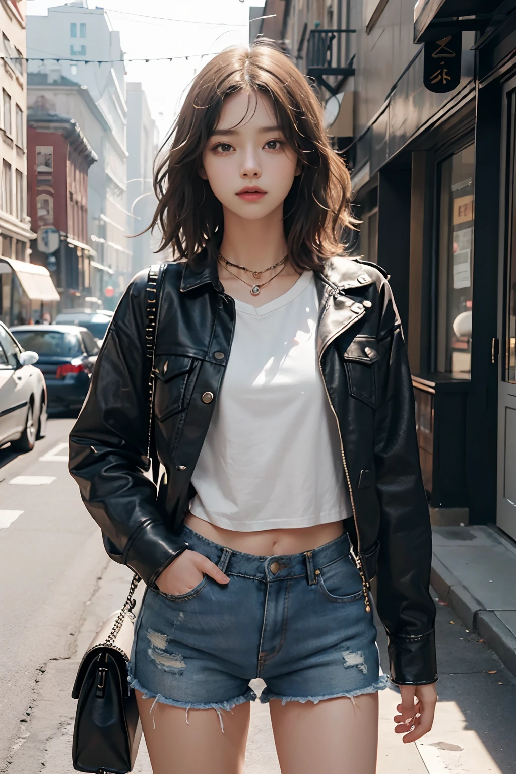 ((medium chest, tomboy, small head)), (well-defined abs: 1.1), (perfect body: 1.1), (short wavy hair: 1.2), russet hair, collar, chain, full body photo, crowded streets, wearing black vest, denim jacket, ((shorts)), (extremely detailed CG 8k wallpaper), (extremely delicate and beautiful), (masterpiece), (best quality: 1.0), (super high resolution: 1.0), beautiful lighting, perfect lightning, realistic shadows, [high resolution ], delicate skin, ultra-detailed ((colorful)))