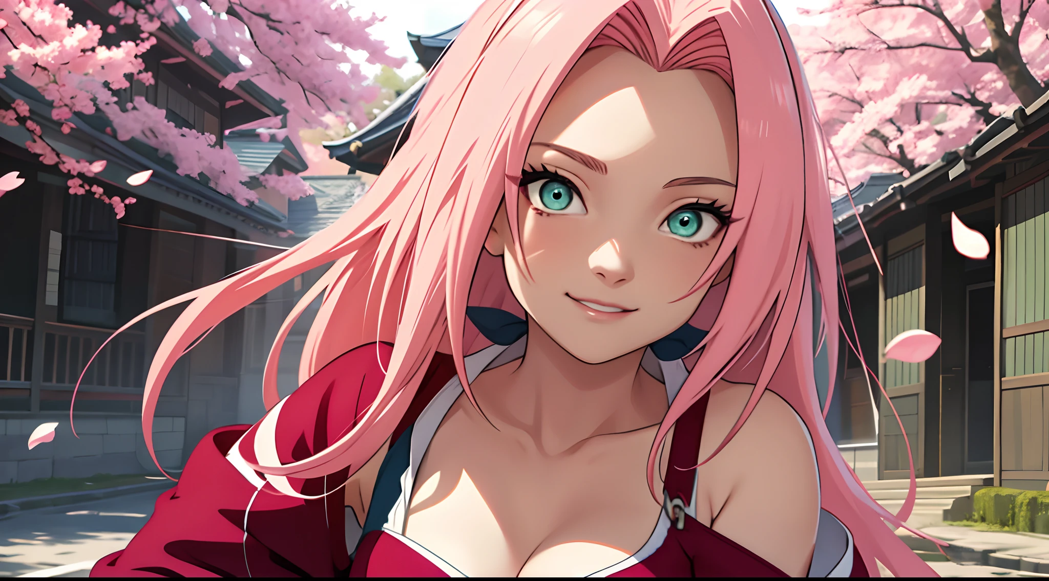 tmasterpiece， Best quality at best， 1girll， Sakura Haruno， Large breasts，Off-the-shoulder attire，（cleavage)，（upperbody closeup)，Raised sexy，is shy，ssmile，with pink hair， long whitr hair， （Green eyeballs:1.4)， Forehead protection， the cherry trees，Cherry blossoms flying，Red clothes，Zipper half