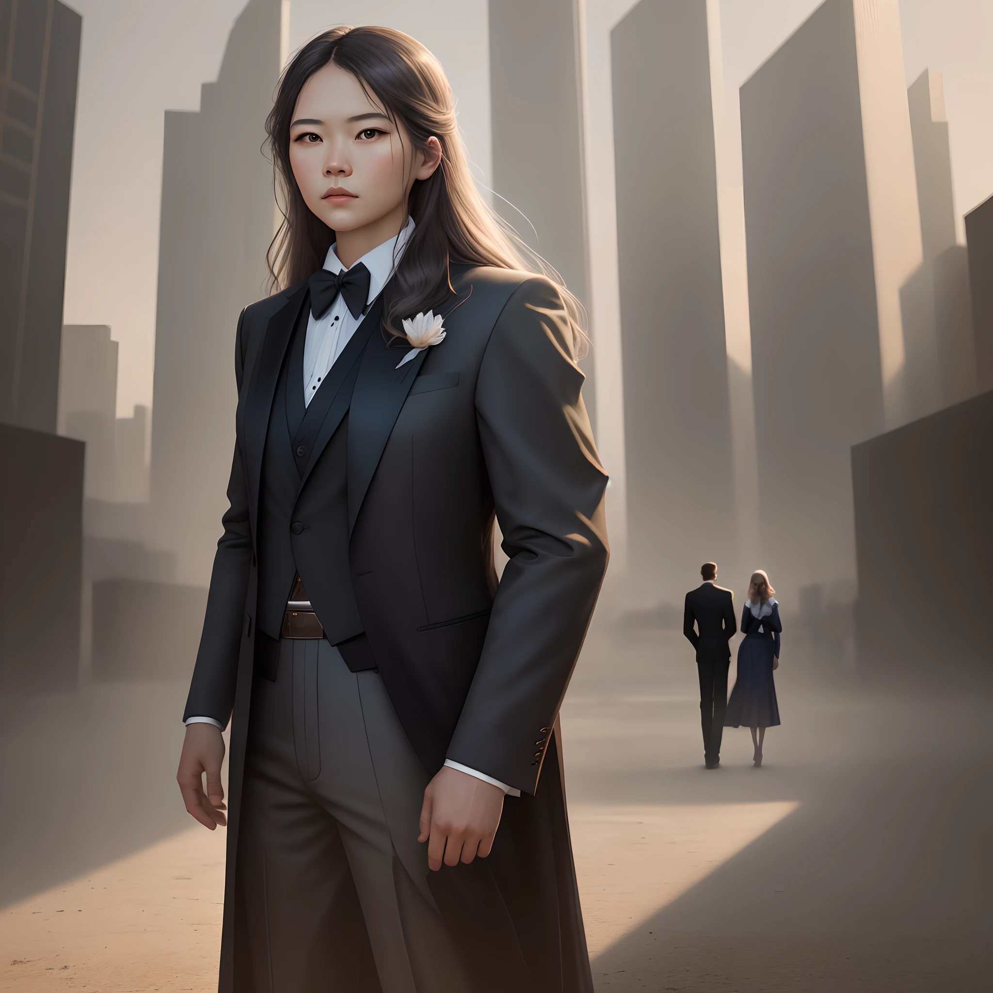 Surrealist portraits of women,photographrealistic,动态照明,artstation,poster for,Volumetriclighting,Very detailed faces,4 k,1girl,In the light,Light shadows,low tune,Cowboy photos,(formal outfit:1.4),long whitr hair,In front of tall buildings