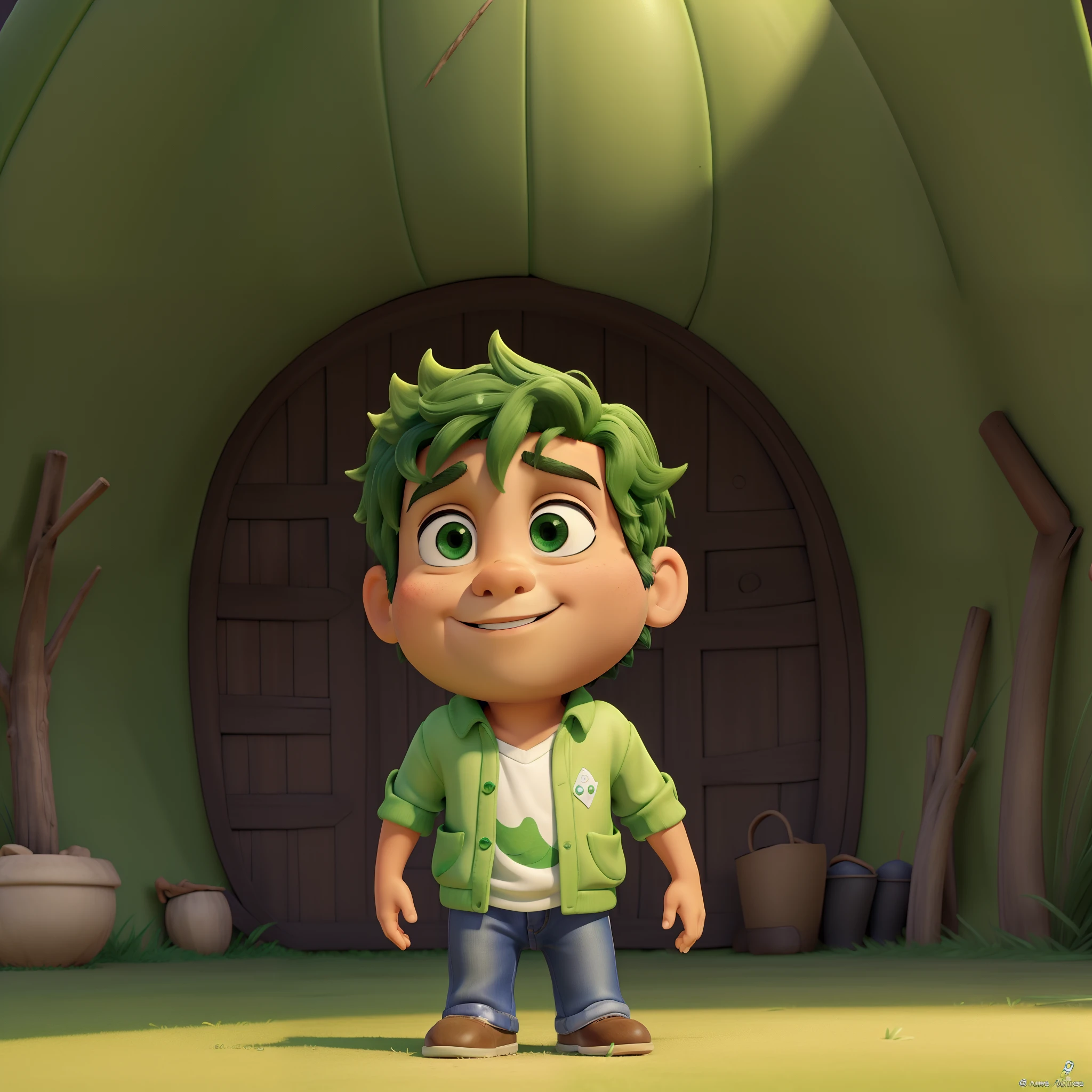 "(menino ruivo de olhos verdes, estilo cartoon Disney Pixar), amazing quality, fundo vibrante verde"