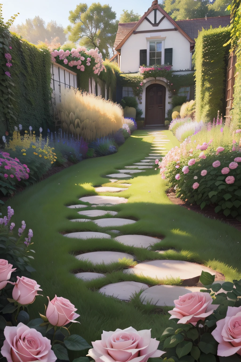 Monet's garden，The scene of the garden is as follows：There is a clump of pink roses outside，Beautiful and aesthetic，with soft pink colors，Beautiful beauty，Roses in movie lights，Lush flowers outdoors，Natural and floral aesthetics，rose garden，rosette，portal made of roses，Beautiful images, rosette, Fantastic aesthetics, In a cottage core garden, Pink prime time，(masterpiece:1.6, best quality), (fine detailed beautiful eyes: 1.2), (the Extremely Detailed CG Unity 8K Wallpapers，tmasterpiece，ultra-detailliert，The best shadow)，(detailed back ground)，hight contrast，（best illuminate，Extremely refined and beautiful），（（Splash of colored paint on transparent background，Dulux，）），（（Caustics）），dynamic angle，beautiful detail glow，