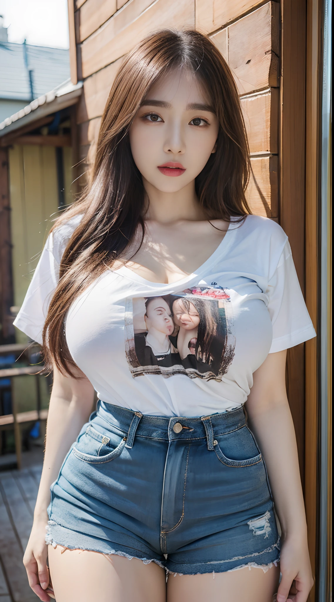 ((top-quality、8k、masterpiece:1.3))、voluptuous woman、1girl in、(Slender figure:1.2)、dark brown hair、(outside of house、The shirt、shortpants:1.1)、hyperdetailed face、detailed lips、A detailed eye、二重まぶた、(huge-breasted:1.2)、tshirts、