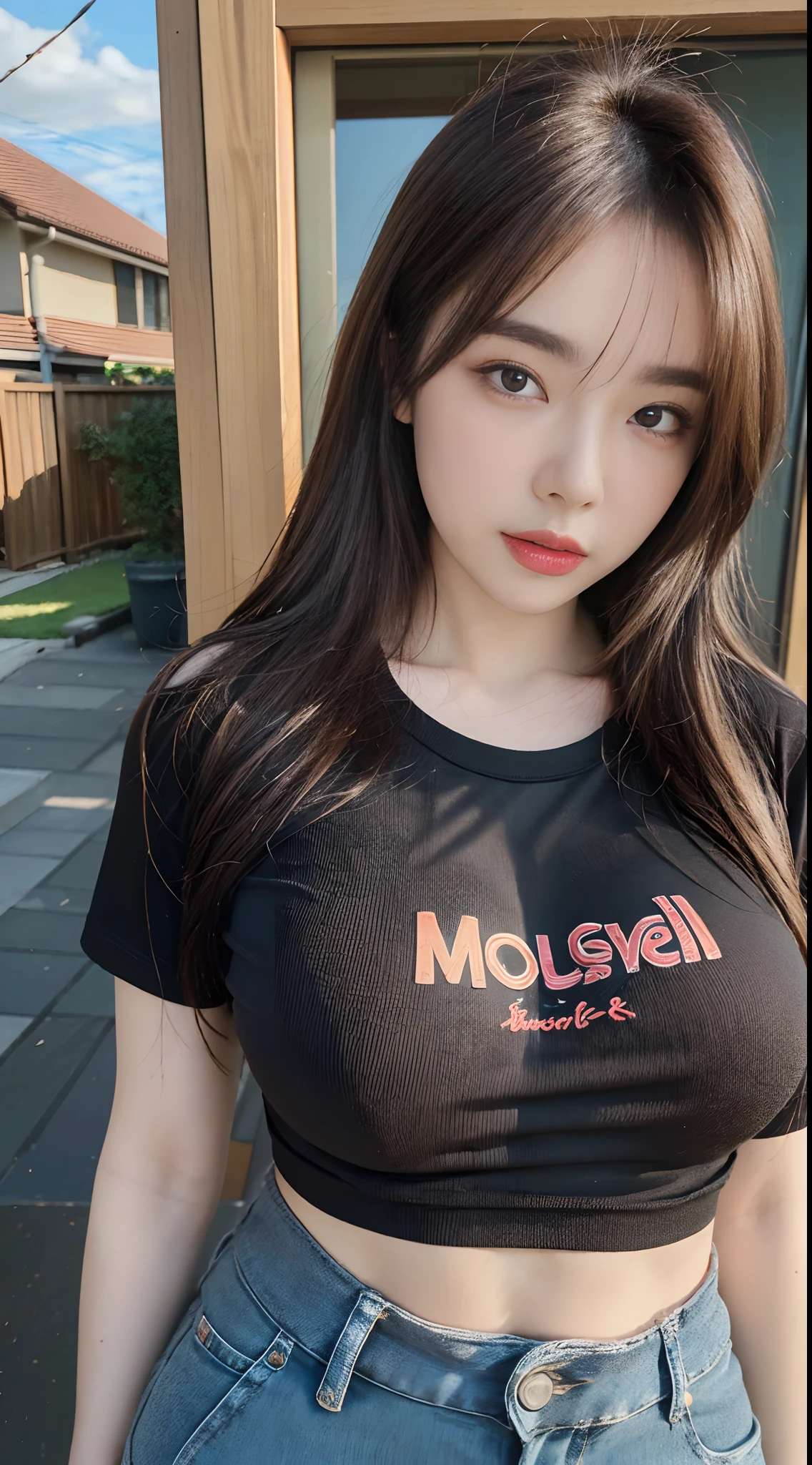 ((top-quality、8k、masterpiece:1.3))、voluptuous woman、1girl in、(Slender figure:1.2)、dark brown hair、(outside of house、The shirt、shortpants:1.1)、hyperdetailed face、detailed lips、A detailed eye、二重まぶた、(huge-breasted:1.2)、tshirts、