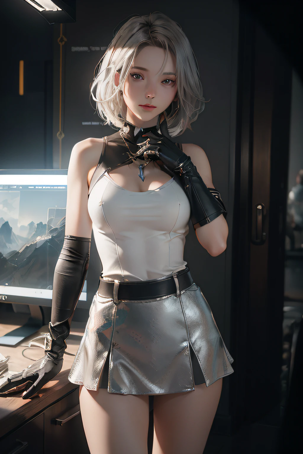 (Perfect eyes), (Perfect hands), (Perfect fingers), (neck-length short hair: 1.5), (Concise tight skirt: 1.3), Silver hair, Collar, (gloves: 1.2), (guns), chains, in the distant future, the line between science fiction and fantasy has disappeared,(Very detailed CG 8k wallpaper), (Extremely delicate and beautiful),Beautiful lighting, Realistic Shadows, [High resolution], detailed skins, Ultra Detail, nffsw (High dynamic range), Ray tracing, NVIDIA RTX, Hyper-Resolution, Unreal 5, Subsurface scattering, PBR Textures, Post-processing, Anisotropy Filtering, depth of fields, Maximum sharpness and sharpness, Multilayer Texture, Albedo and Highlight Mapping, Surface Shading, Accurate simulation of light-material interactions, Perfect proportions, Octane Render, bi-color light, Large aperture, Low ISO, White Balance, thirds rule,