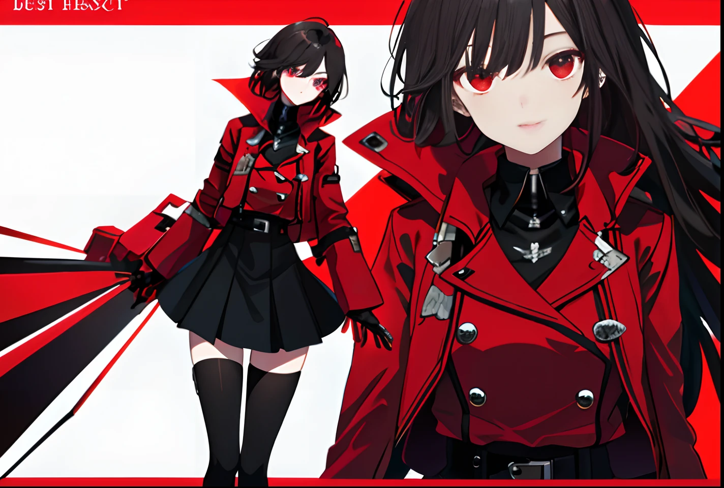 1girll,long leges,Red and black shirts,Red and black skirt,Red and black mechanical windproof boots,Large red and black trench coat,cabelos preto e longos,red color eyes,Black two-fingered gloves,HighestQuali,4K,the detail,HighestQuali,bloods,eventide,tmasterpiece,best qualtiy,Red light source,Pubic area is clear,delicated