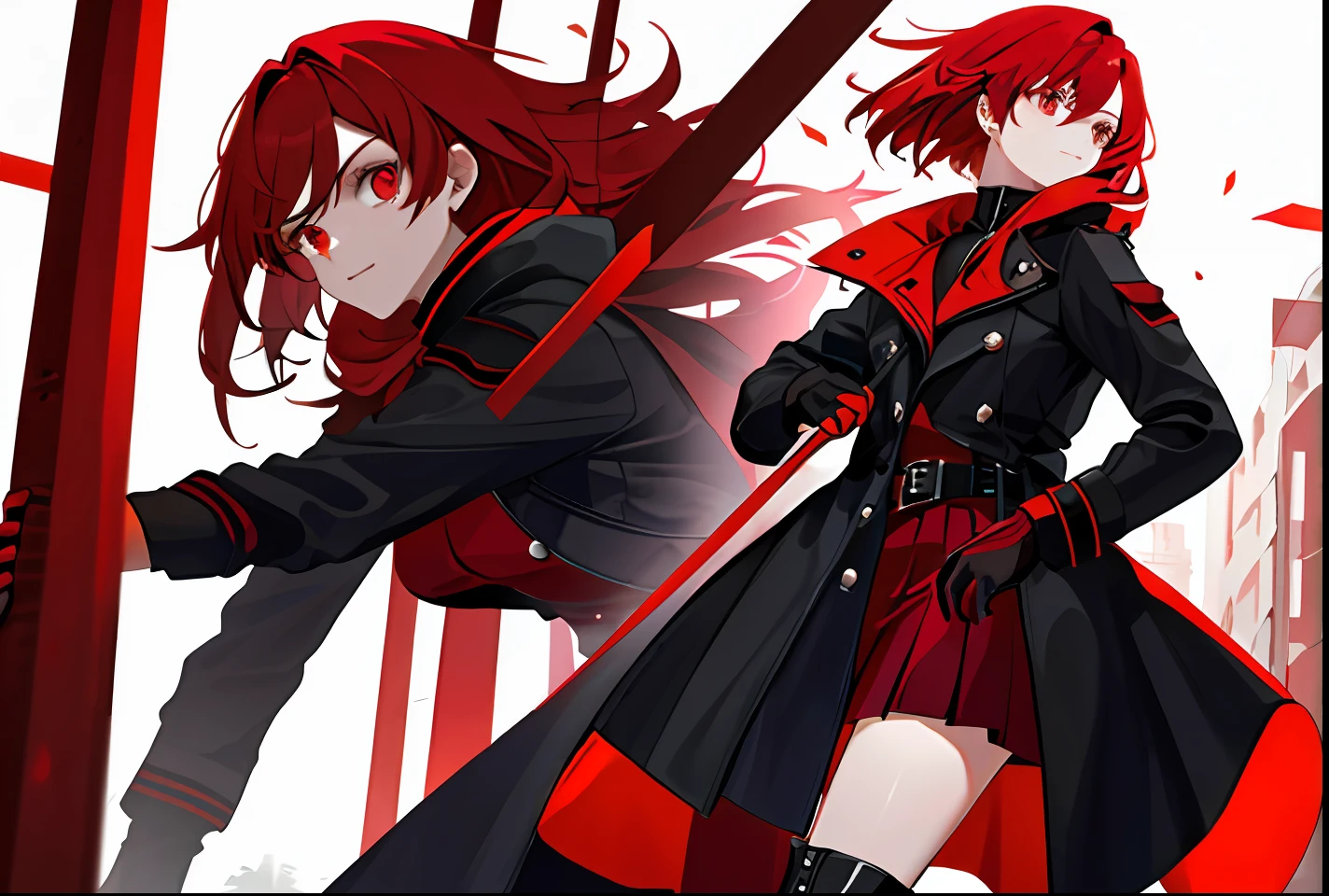 1girll,long leges,Red and black shirts,Red and black skirt,Red and black mechanical windproof boots,Large red and black trench coat,cabelos preto e longos,red color eyes,Black two-fingered gloves,HighestQuali,4K,the detail,HighestQuali,bloods,eventide,tmasterpiece,best qualtiy,Red light source,Pubic area is clear,delicated