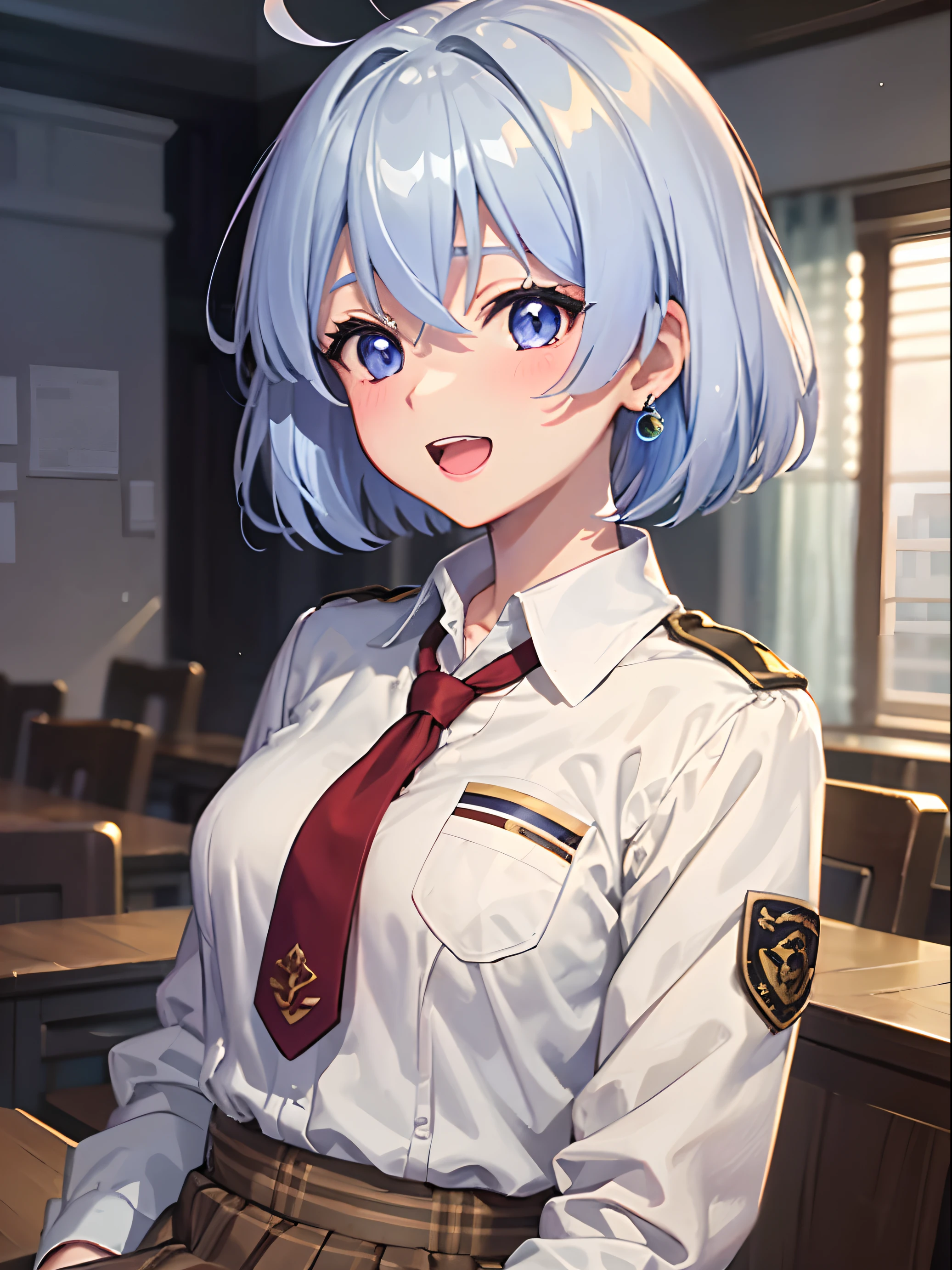 (masterpiece:1.6, best quality), (finely detailed beautiful eyes: 1.2),  phelaina, Eouftit3,  Eof3, 1girl, elaina (majo no tabitabi), solo, short hair, blue eyes, collared shirt, hair between eyes, brown shirt, brown skirt, long necktie, gray necktie, bangs, upper teeth only, badge, teeth, student, open clothes, blush, anime coloring, jewelry, floating hair, shiny hair, wing collar, purple eyes, dress shirt, scout shirt, pathfinder suit, sit, full body,