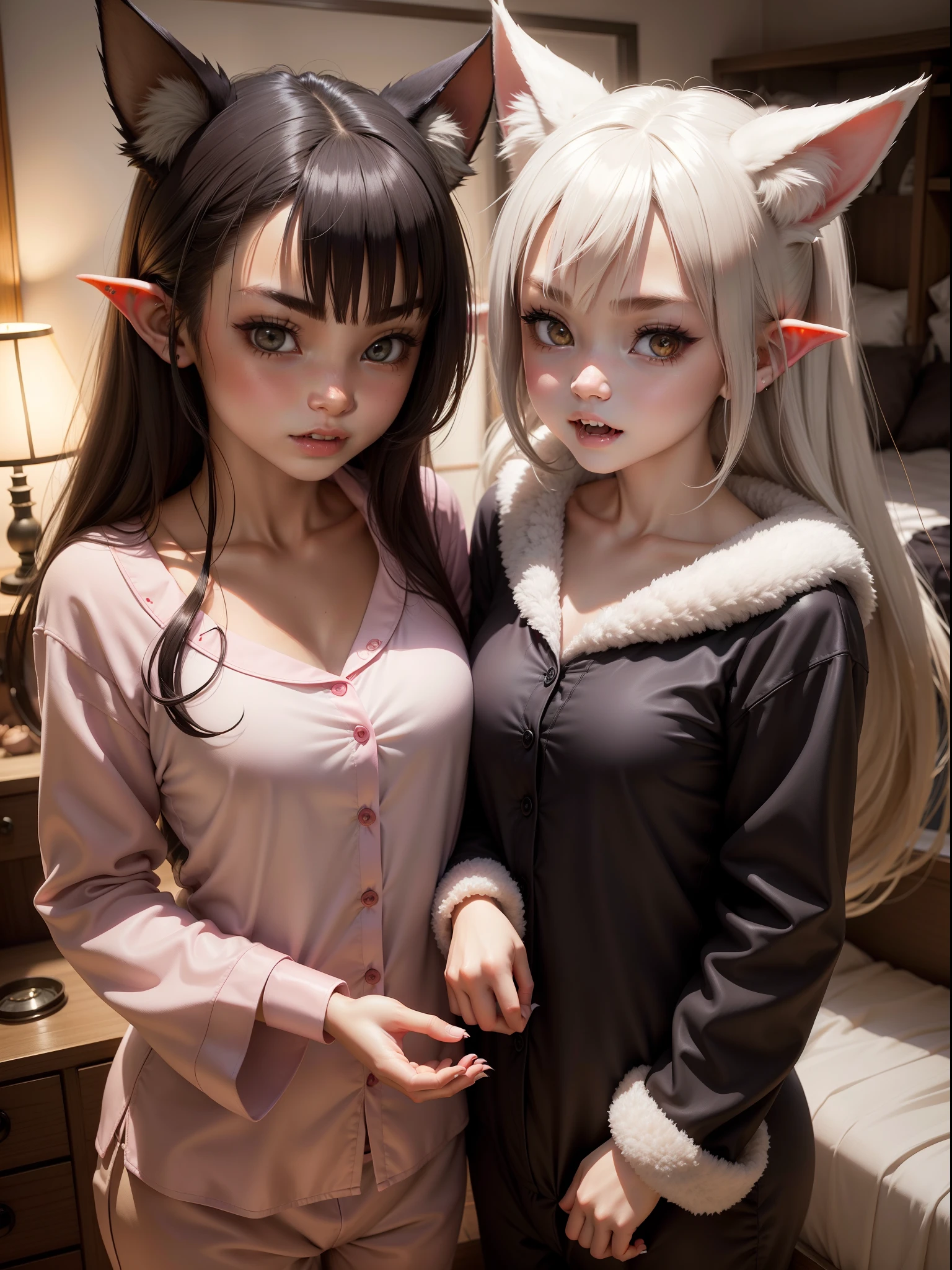 Fangs、Mammalian eyes、Wear clothing made of animal skins、relaxed posture、Appears in the girl's room、Female orcs，pyjamas、Loving pupils，fox ear，cartoony