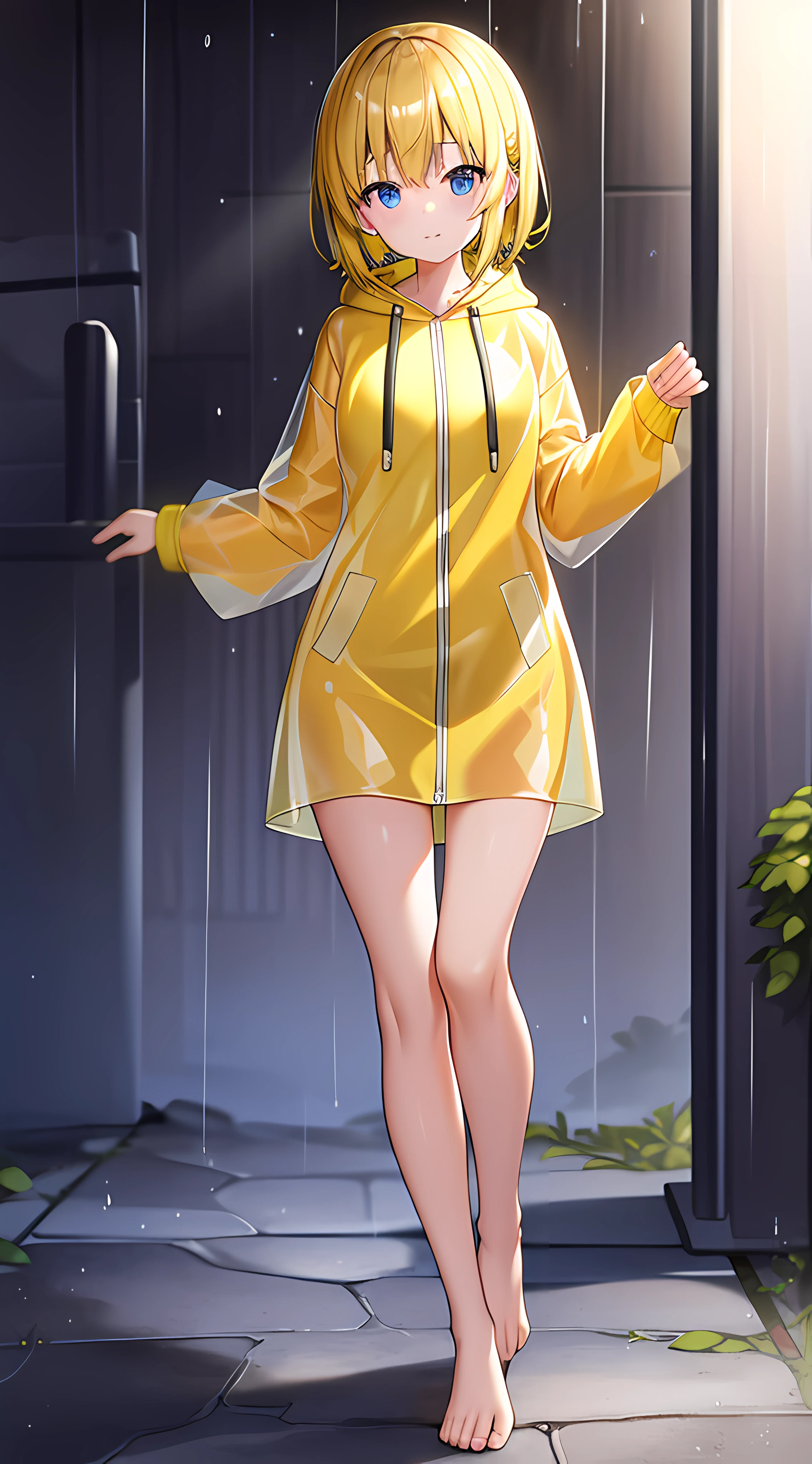 Yellow hood raincoat girl，stand posture，Positive perspective，Barefoot and barefoot，Scene of a downpour，Accentuates the raincoat gel texture，Accentuates the translucent texture of the raincoat。