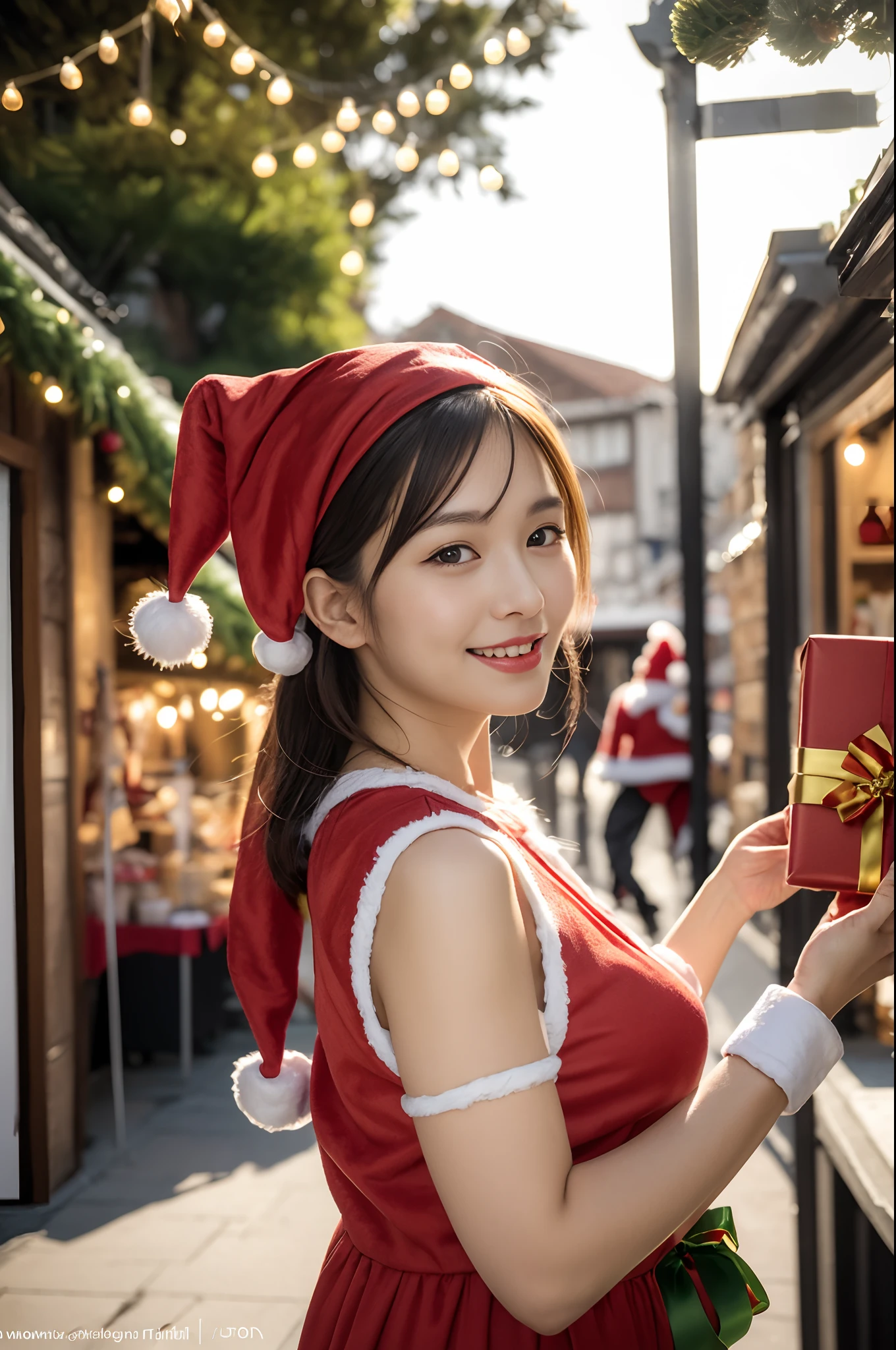 (((santa claus costume))),(((looking at viewer:1.5))),(((holding a giftbox))),(((view full body))),(((Photographing a girl from side))),ulzzang-6500-v1.1, (Raw photo:1.2), (Photo realistic:1.4), a beautiful detailed girl, extremely detailed eye and face, beautiful detailed eyes, ultra-detailed, High resolution, top-quality, masterpiece, highly detailed, 8k wallpaper, Wonderful, finely detail, top-quality, Light on the face,电影灯光,1girl in,(Christmas market in Stuttgart),Beautiful eyes,smile,Opening Mouth