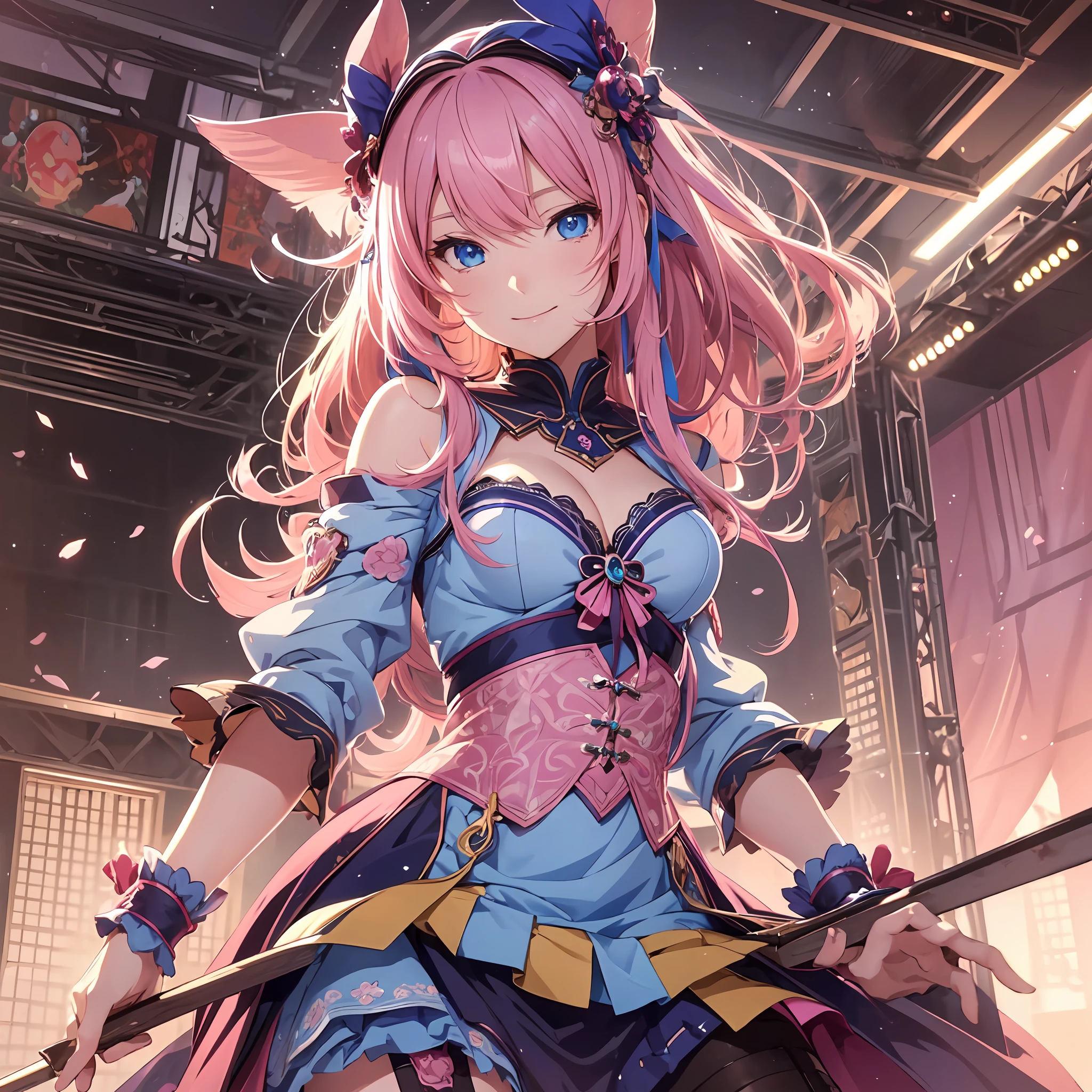 1 person, Solo, (s whole body), Photorealistic, super fine illustration, Beautiful attractive anime girl, A highly detailed, Smile, beautiful blue eyes, Beautiful proportions, Meguri wound, Pink hair, gentle look, seductive anime girls, (Live Stage), Hardcore Sex Costumes, ahoge,