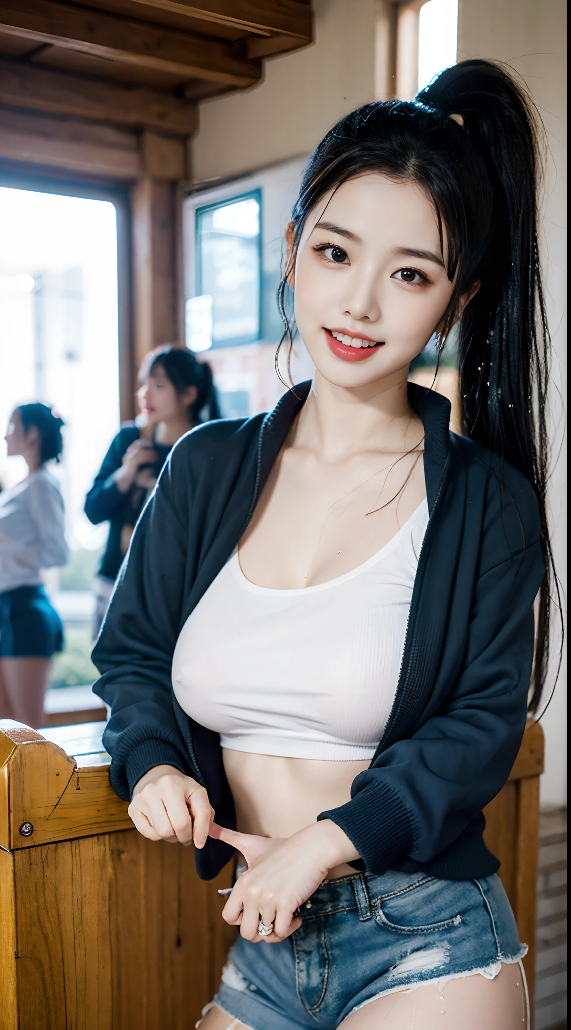 Girl On Playground After School((The are fully visible))、Away from the audience。She is beautiful、Clean and、cute little、cute little、年轻、I'm a ager。She is slim and、slender and、Petite and、thins、(huge tit)、(huge tit)、(huge tit)。She sweats、Wet、It was soaked。Clothes are transparent、There is sweat on the skin、Hair is wet。She smiled。She looks natural, relaxed and unpretentious。Conspiracy Face。Make faces。(sticking out his tongue)、Telling Secrets、covert、shyness、Hides excitement。She stared at the audience。She wears a black ponytail。She wears a uniform、white shirt、Blue shorts、And wore two layers。shirts lift、。The camera focuses on her face、light shining on her face、Very large aperture、((f / 1.2))、Shallow depth of field、strong blur in background lens、ISO 3000、auto white balance、ighly detailed、profetional lighting、Soft light、Raw foto、UNIQLO Fashion Model、top-quality、masterpiece、awardwinning photo、huge filesize、8k、hight resolution、shot on Sony DSLR。