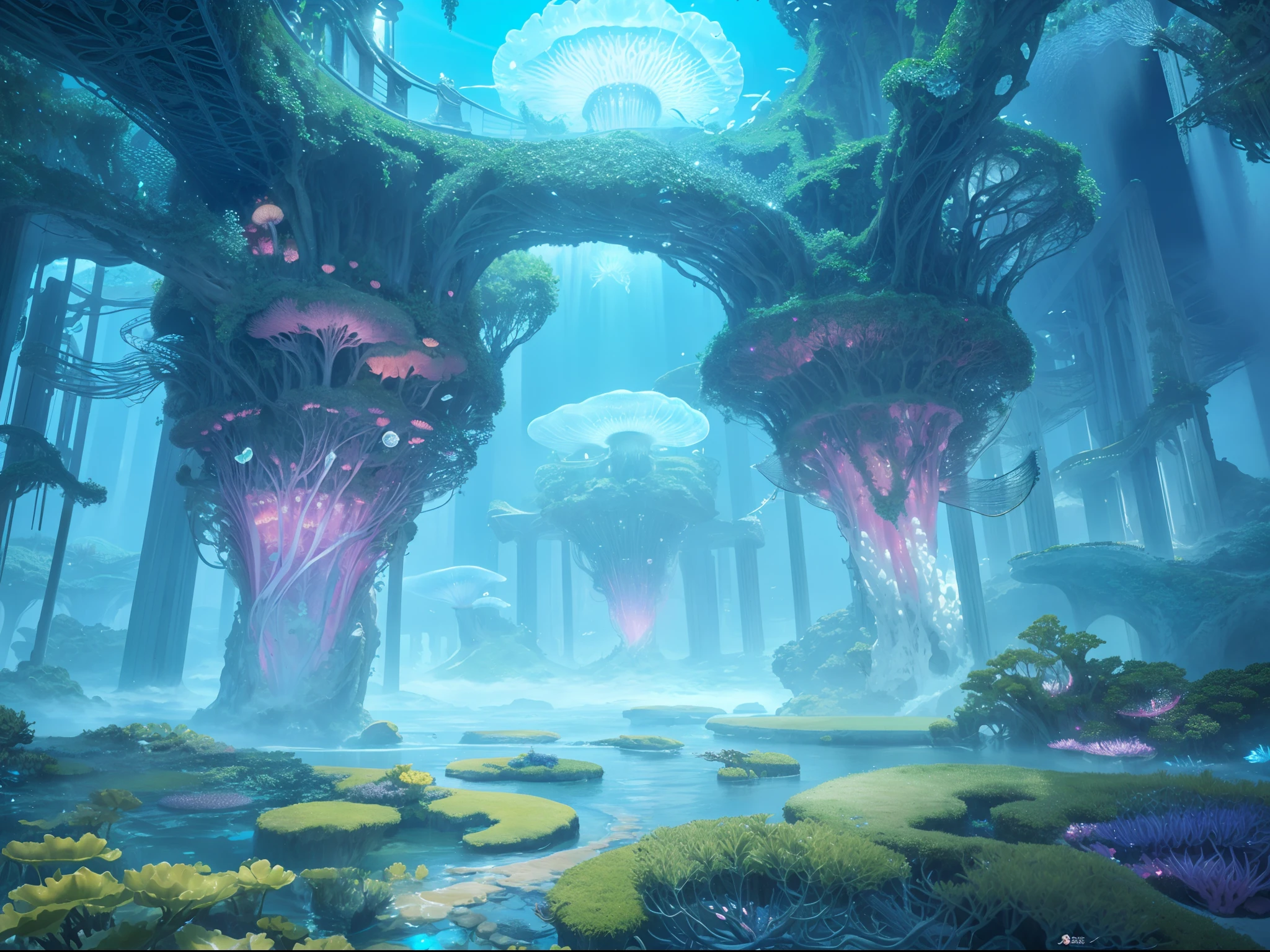 Masterpiece, High Quality, Ocean Forest, City, Fantastic Fantasy, Glowing Plants, Coral Viaduct, (Swarm of Glowing Jellyfish), (Shoal of Fish with Transparent Wings Flying in the Sky), Misty, Extreme Detail, Morning Light, Epic Composition, (Intricate Detail), (Intricate Design, Ultra Detail: 1.2), Art Station, (Masterpiece, Best Quality), Ultra HD, 32k ,castle,1girl