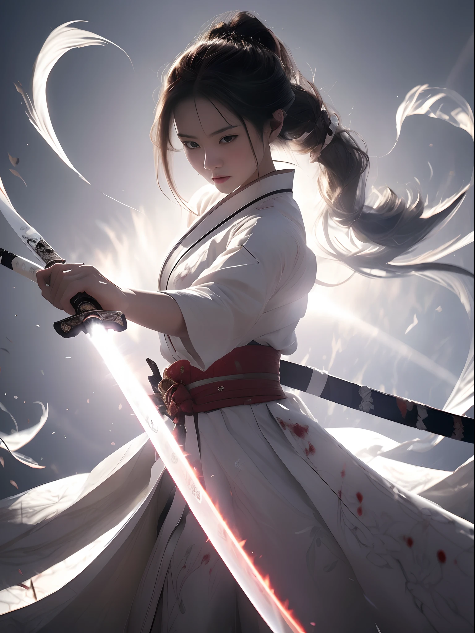 (fidelity: 1.4), Best Quality, masutepiece, Ultra High Resolution, poster for, 8K, Fantasy Art, Dynamic lighting, Art Station, poster for, Volume Lighting, extra detailed face, 4k wallpaper, Award-Winner, Girl holding a sword, Black headband, Long silver hair, Long flowing hair, katanas, Holding a great sword, Demon Samurai, White clothes, white tulle coat, Clothes Fluttering, Slashing Action, Black belt, Red Sword Qi, Dynamic perspective, dramatic compositions, (Ultras: 1.4), ancient chinese battlefield background, blood stain, many enemies, Movie Lighting