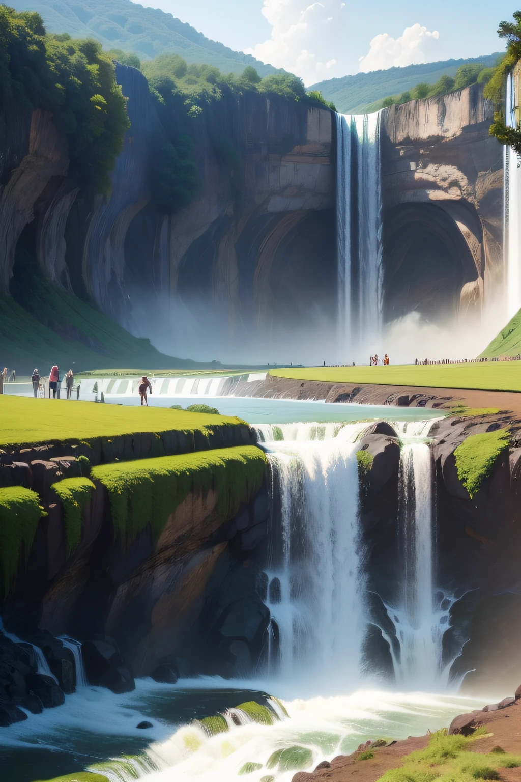 Landscape in farmland,The magnificent waterfall is surrounded by cheerful crowds。