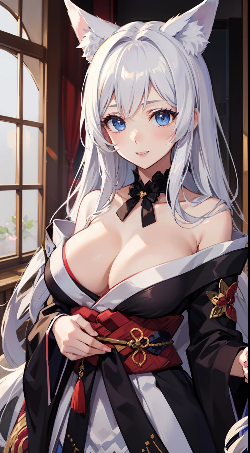 grown woman，cabelos preto e longos，eBlue eyes，White fox ears，Open the kimono，Open the chest，ssmile，tmasterpiece，high high quality，Nestled on the chest