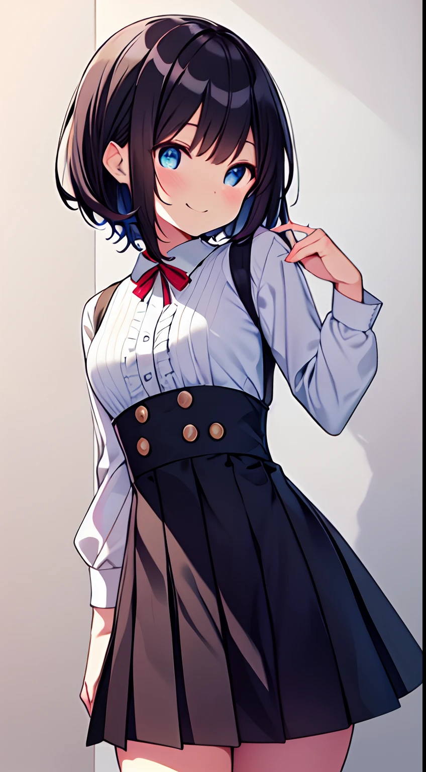 masutepiece, Best Quality,Illustration, Wallpaper, Ultra Detail, 1loli,Solo,Beautiful detailed eyes,Thick contour lines、Medium Short-Cut Hair、(student clothes)、Dark hair color、A smile、