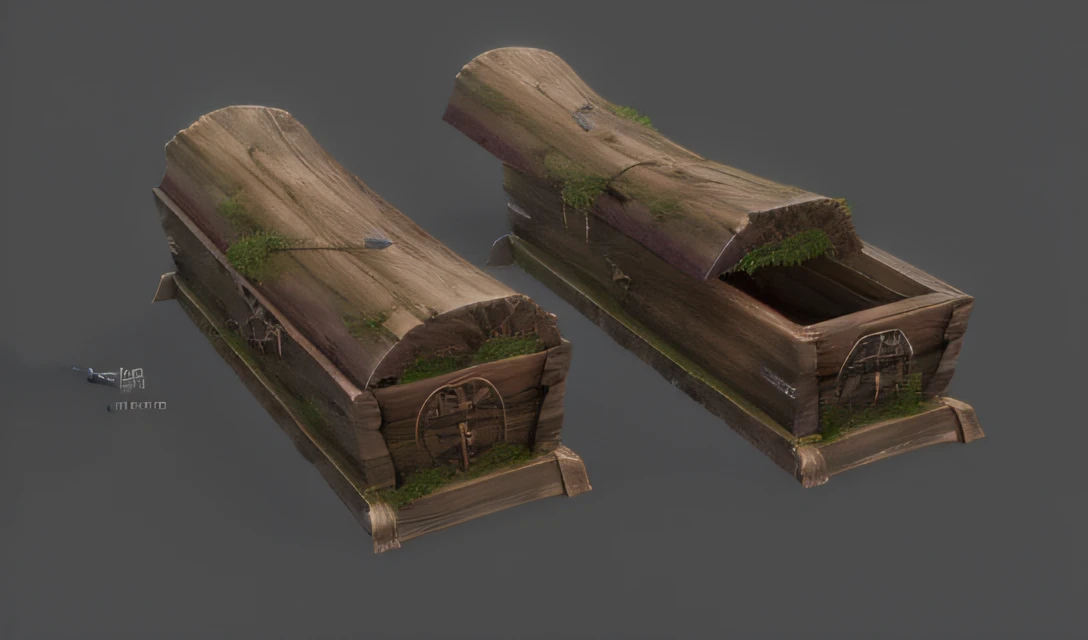 There are two wooden boxes，It grows moss, game assets, casket, video game assets, seperated game asset, video game assets, video game assets, isometric game asset, rpg game environment asset, mobile game asset, 3d game object, game assets, 2d game asset, polycount contest winner, with detailed wood, high detal