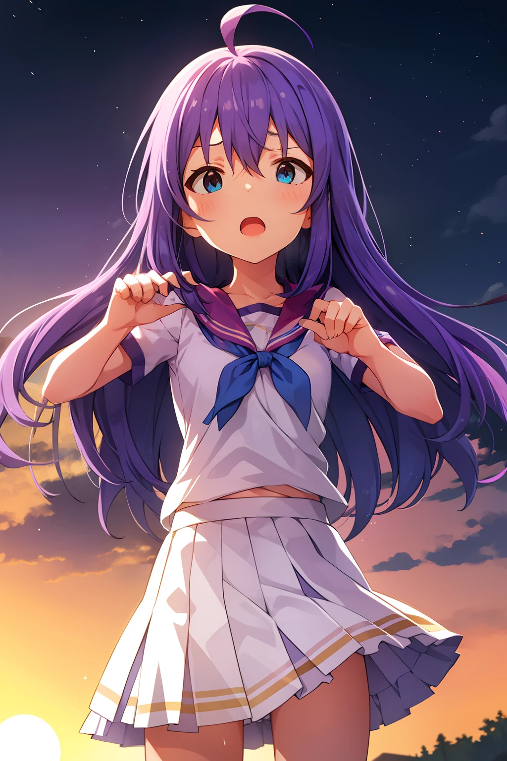 mochizuki anna,1girl in,Solo,Long hair,Purple hair,Medium chest.Ahoge,Blue eyes.Short stature.white t-shirts.suspenders.Skirt.Evening glow.the setting sun.Despair face.Sweat.Opening Mouth.up chest.Fighting stance.