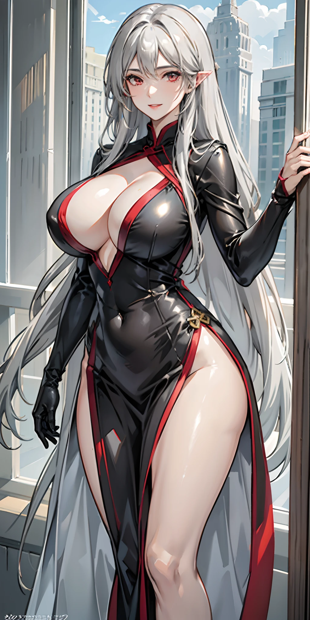 (fidelity: 1.4), amazing, masterpiece, ((female, big boobs)), slim, muscular, sharp ears, light gray skin, long curly gray hair, red eyes, smile, minder, do not disturb, Recite the Pipa