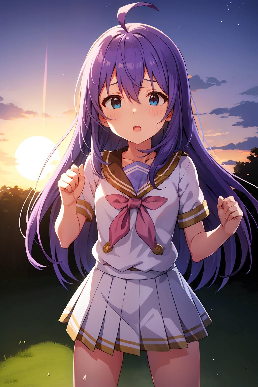 mochizuki anna,1girl in,Solo,Long hair,Purple hair,Medium chest.Ahoge,Blue eyes.Short stature.white t-shirts.suspenders.Skirt.Evening glow.the setting sun.Despair face.Sweat.Opening Mouth.up chest.Fighting stance.