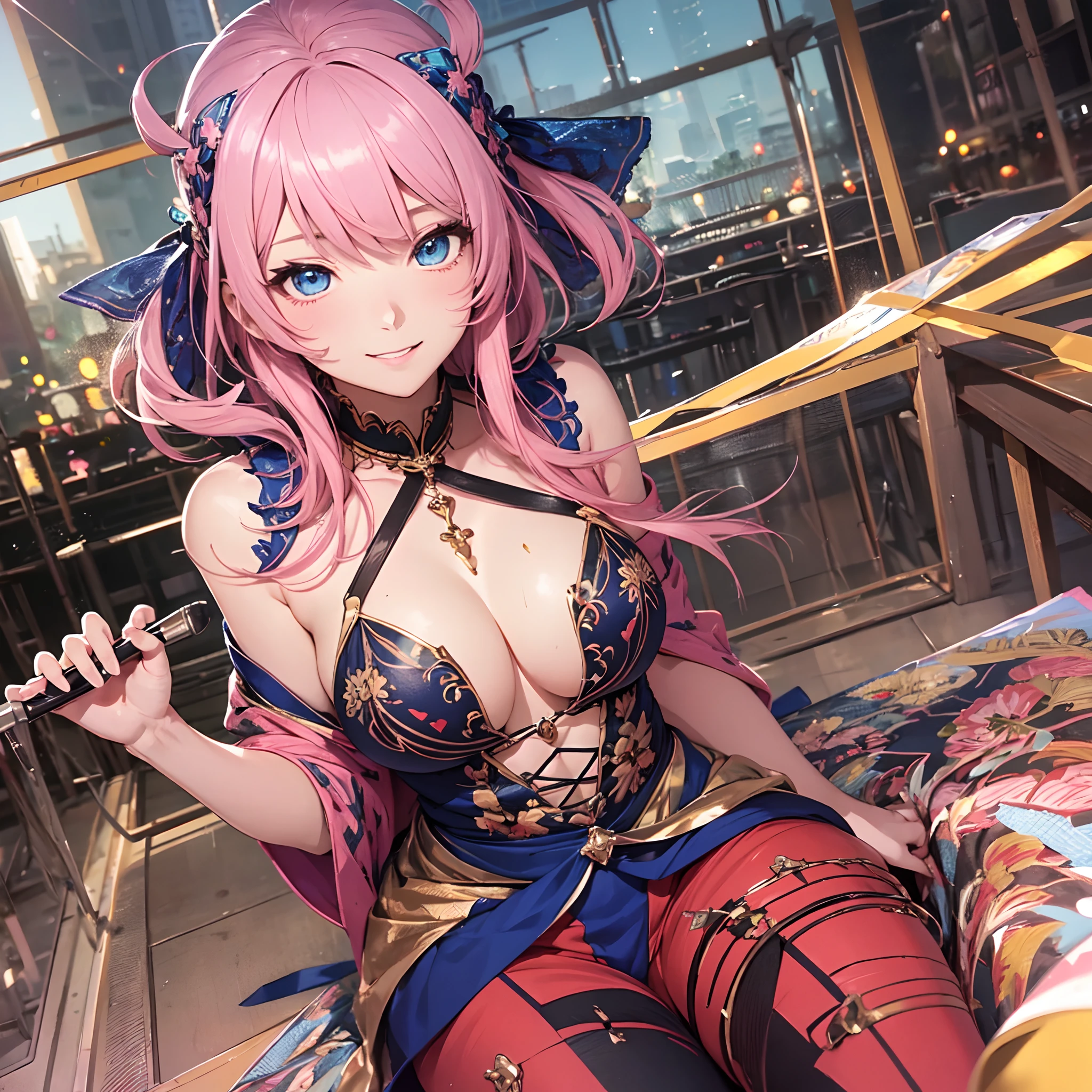 1 person, Solo, (s whole body), Photorealistic, super fine illustration, Beautiful attractive anime girl, A highly detailed, Smile, beautiful blue eyes, Beautiful proportions, Meguri wound, Pink hair, gentle look, seductive anime girls, (Live Stage), Hardcore Sex Costumes, ahoge,