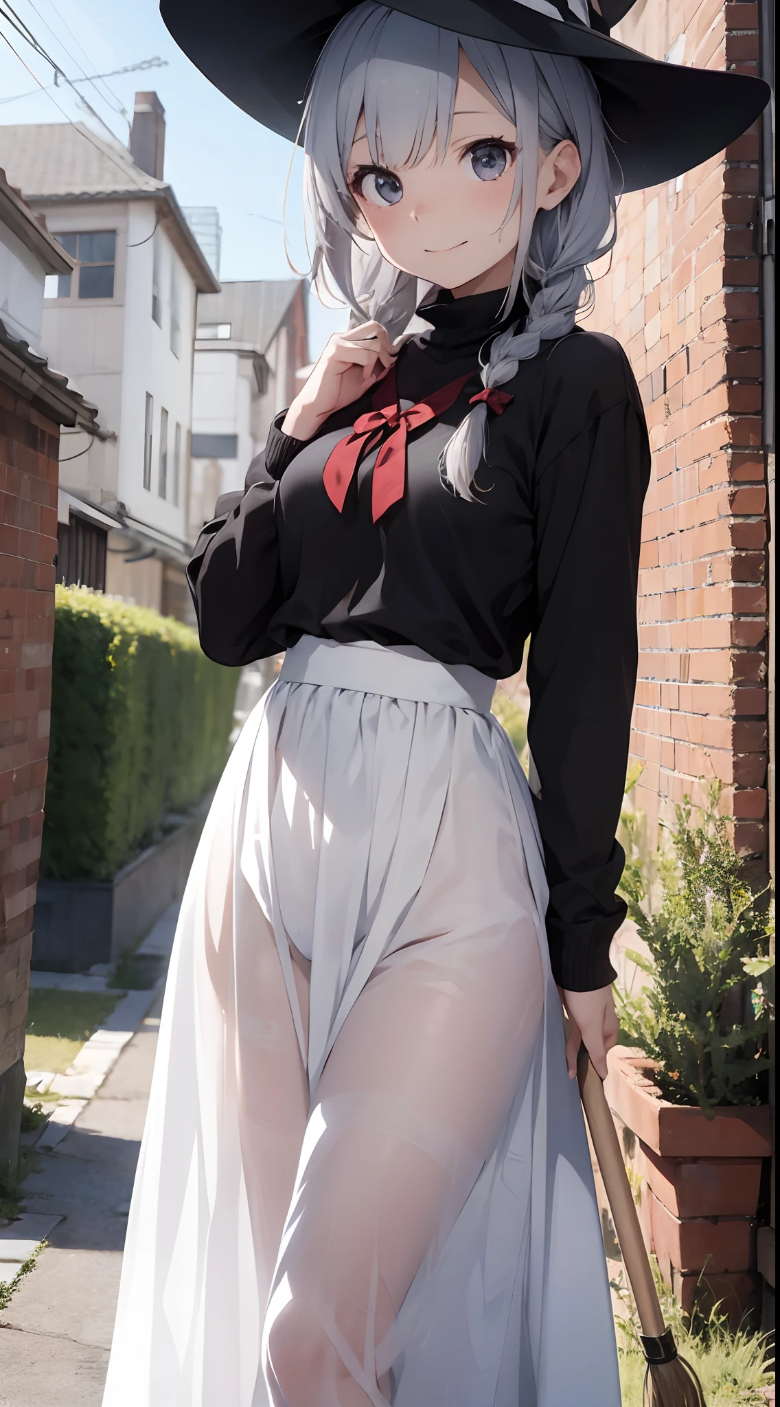 Magic broom witch anime girl with gray hair and braids、Cottage punk style、long skirt、bright white and bright crimson,、Realism accuracy、Firecore、Goo Spank、Smile Core、Peeping approach、Focus the eyes&impactful