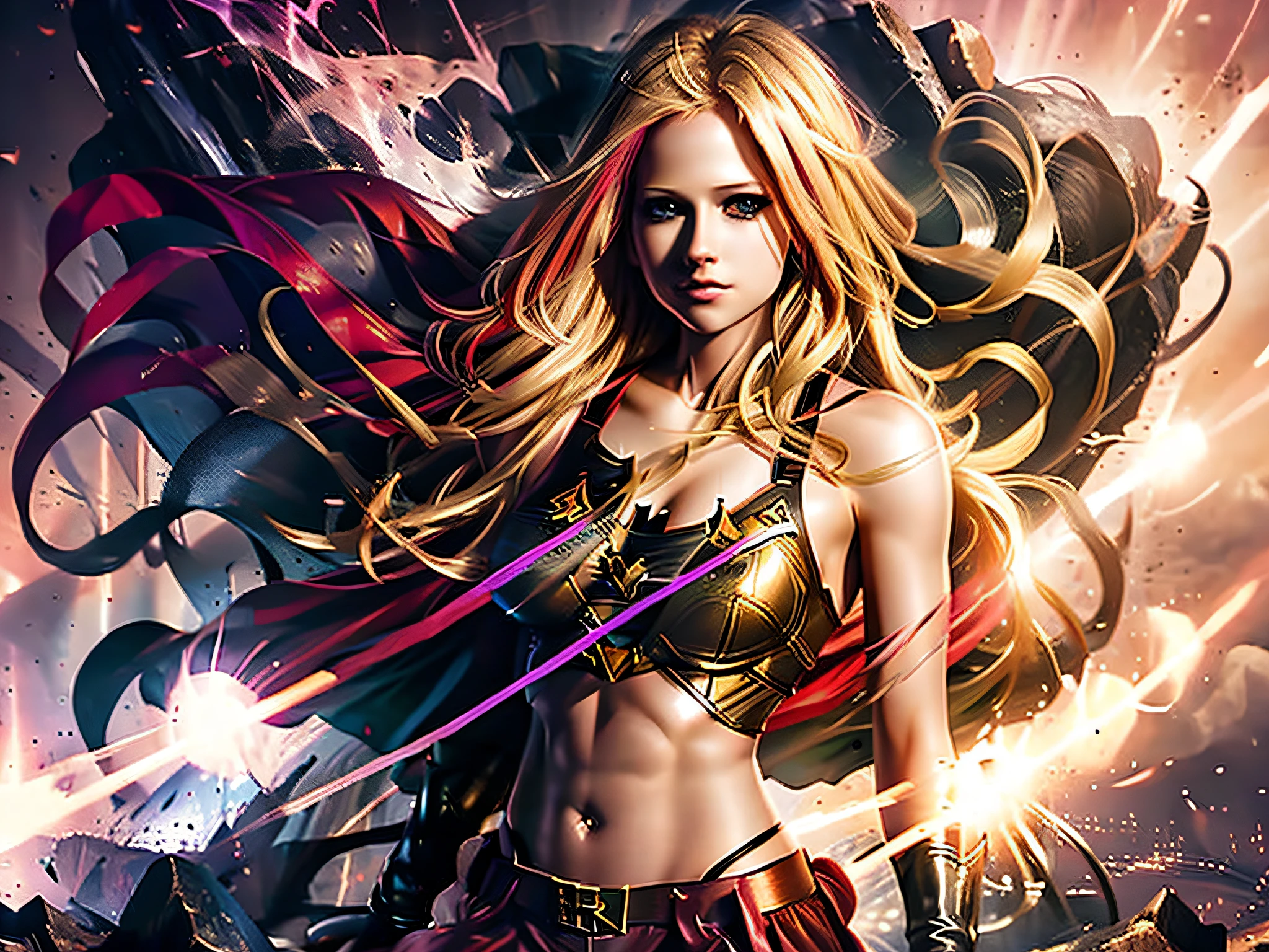 long range photo of Avril Lavigne as Supergirl, bull body