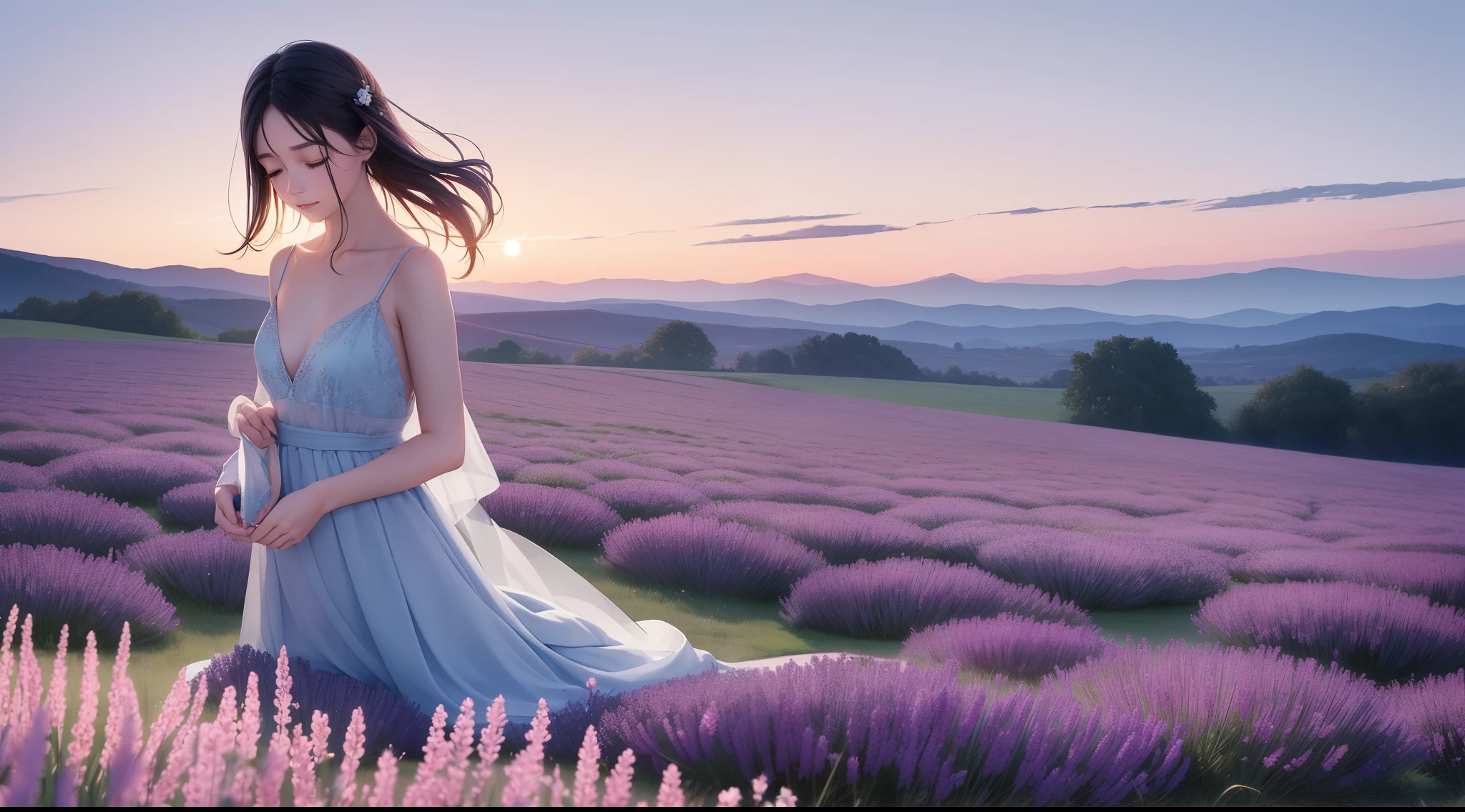 A soft, watercolor backdrop in muted shades of lavender, sky blue, and pale gold represents the early morning sky. Positioned centrally is a delicate silhouette of a lark, its wings outstretched in mid-flight. Below, gentle strokes depict a meadow, with hints of dewdrops glistening on grass and the faintest impressions of dragonflies hovering above. The overall effect is dreamy, ethereal, and deeply calming.