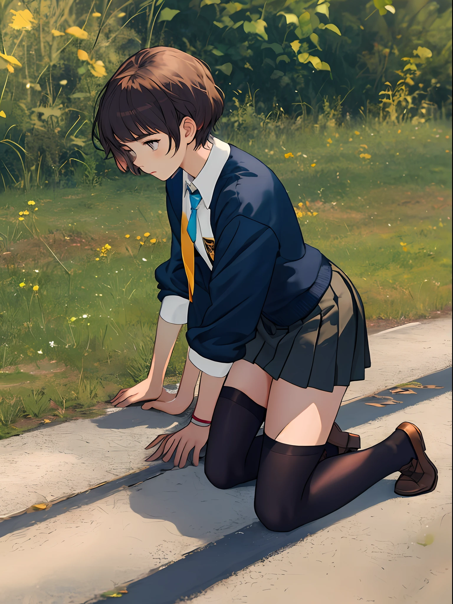 A teenager with short hair,wearing silk stockings,a skirt,kneels on the ground