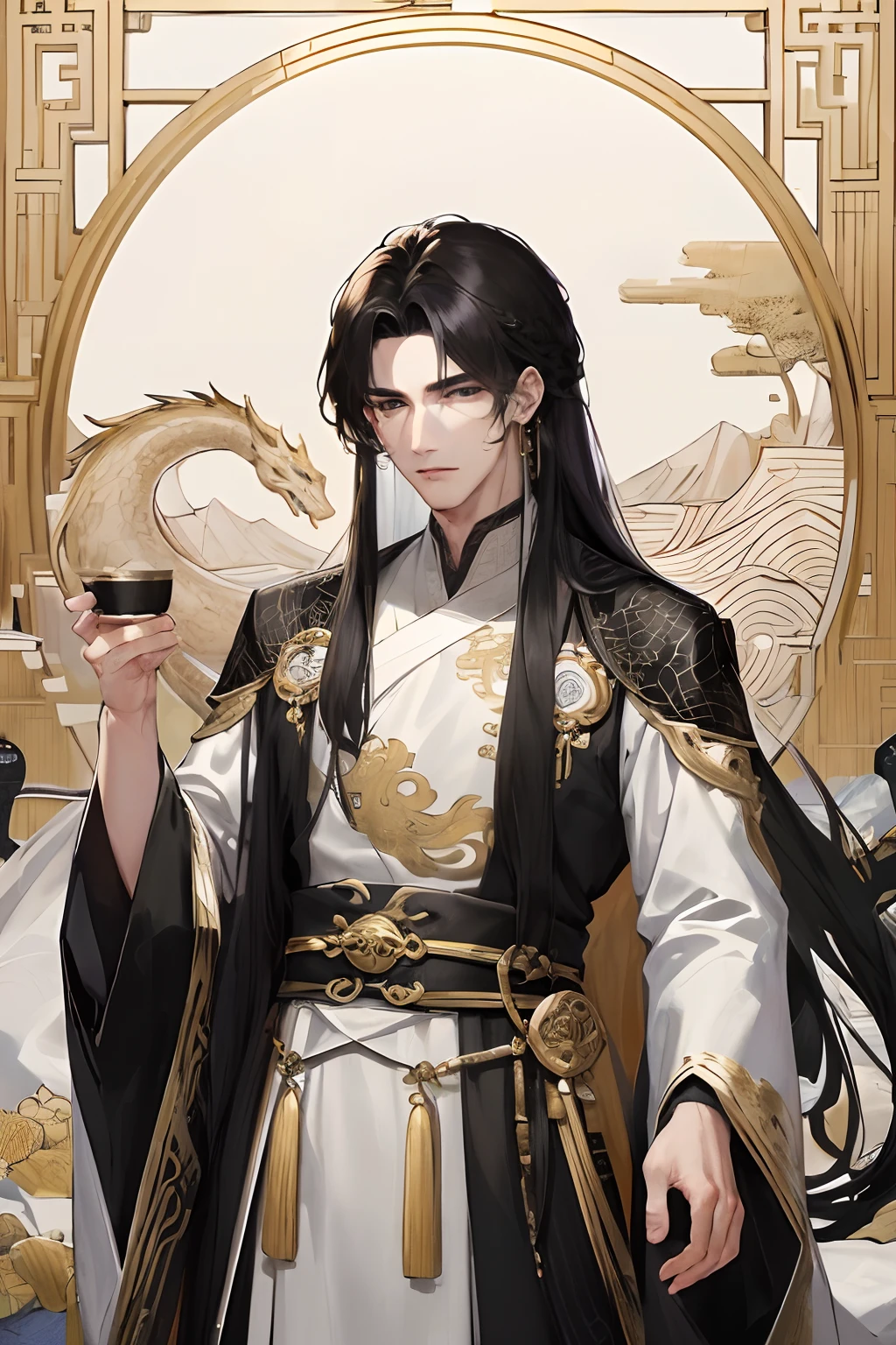 Masterpiece, Best quality, Night, full moon, 1 man, shoun, Chinese style, Ancient China, Black hair, Black eyes, Split ends of hair, Long hair, Long bangs, Handsome, Handsome, Masculine, Serious, gentle, Tall, calm,Mixed white and gold clothing, Gold pattern, Dragon Pattern Road, prince, mountain cliff