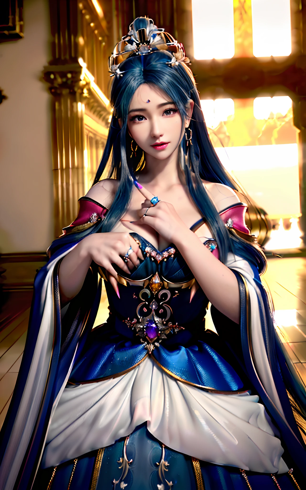 ((realisticity: 1.2)), ((realistic: 8K UHD)), ((best resolution: 8K UHD)), hyper detailed, best quality,masterpiece,highres,cg, ((1 girl hyper detailed and hyper realistic) ) , ((beautiful queen, hyper realistic and hyper detailed)),((white skin, beautiful, smooth, youthful, hyper realistic and hyper detailed )), ((Face hyper beautiful, white, hyper realistic and hyper detailed ) ), long hair, ((hyper realistic and hyper detailed dress)), solo, ((hyper realistic, hyper beautiful, beautiful and hyper detailed jewelry)), ((hyper beautiful deep red and golden yellow dress, hyper realistic and hyper detailed )) , ((Her pretty, hyper realistic, hyper detailed diamond filled earrings)), ((Her gorgeous diamond haircut, hyper realistic and hyper detailed)), ((hyper pretty upper body, hyper beautiful, hyper realistic and hyper detailed) ), ((medium breast: 1.1)), ((hyper realistic, hyper pretty, hyper detailed boobs)), ((the backgroun of the royal palace is hyper majestic, hyper realistic and hyper detailed)),((hands and palms hyper beautiful, hyper detailed, hyper realistic)), ((hyper detailed and hyper realistic fingers and fingernails)), ((hyper pretty fingernails, hyper vivid, hyper detailed, hyper realistic)), ((thumb, index finger, middle finger, ring finger, little finger hyper vivid, hyper pretty, hyper detailed, hyper realistic)),  
((hyper beautiful fingers, hyper detailed, and hyper realistic)), ((posture not too fat and not too thin, hyper realistic, hyper detail)), ((hyper pretty, hyper pretty, hyper realistic and hyper detailed hair bun)), ((hyper pretty , hyper realistic and hyper detailed blue hair)), candid, Photo, high resolution, 8k , bokeh,