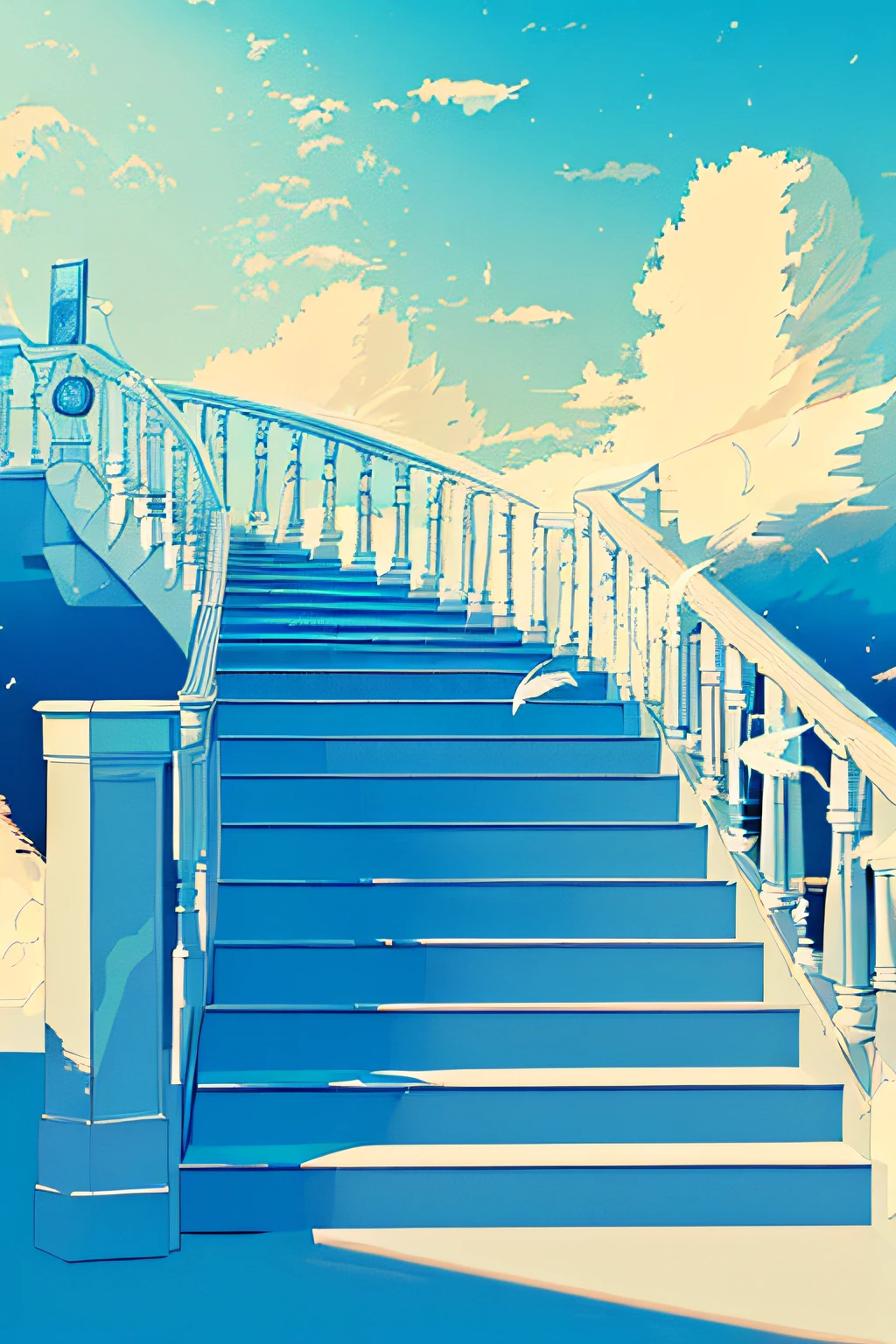 (((There are suspended staircase above the sky))), (((only suspended staircase))), (((Clouds surround the white suspended staircase))), The suspended staircase are snow-white, There are only suspended staircase in the sky, White feathers, (((White feathers fluttered around the suspended staircase))), (((Heaven))), ((Cloud gap light)), beautiful detailed sky, beautiful detailed cumulonimbus, (((extremely detailed CG unity 8k wallpaper, masterpiece, best quality, ultra-detailed))), (best illumination, best shadow, an extremely delicate and beautiful), dynamic angle, floating, finely detail, (bloom), (shine), glinting stars, feather,nature,(sunlight), fairyland