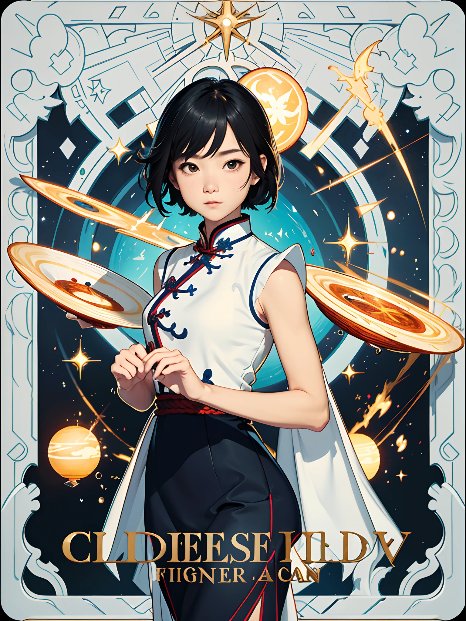 Rope rope、Meteor Hammer、 Beautiful Asian Woman、A dark-haired、White cheongsam without sleeves、Sleeveless、slit、Upper arm、masterpiece, top-quality, 8K, detailed skin textures, Detailed Cloth Texture, beautifull detailed face, intricate detailes, ultra-detailliert, The upper part of the body、, light Particle, borgar, Intense sunlight,Effect of twinkling aerial light,Oversized shirt、