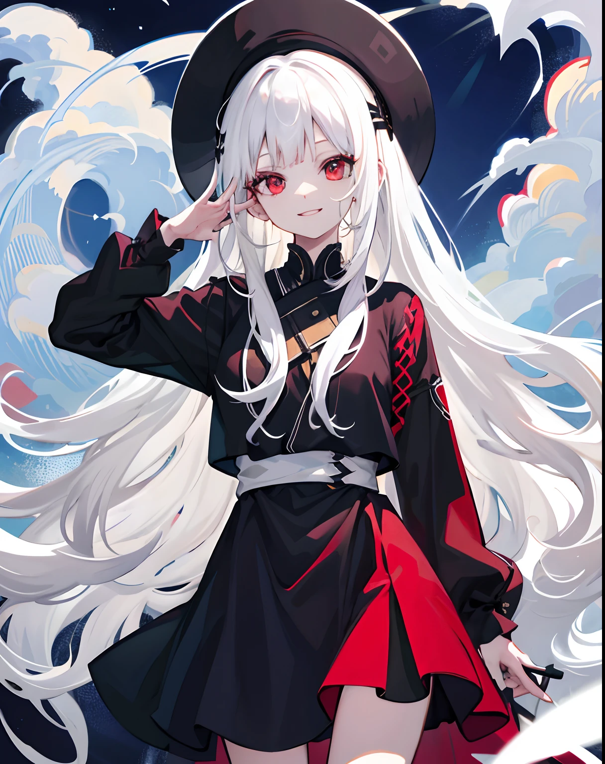 a cartoon picture of a woman with long white hair and a black dress, perfect white haired girl, anime girl with long hair, anime girl wearing a black dress, girl with white hair, with long white hair, with white long hair, white haired deity, flowing white hair, white haired lady, blonde anime girl with long hair, white haired, long white hair, smile, red eyes!!!