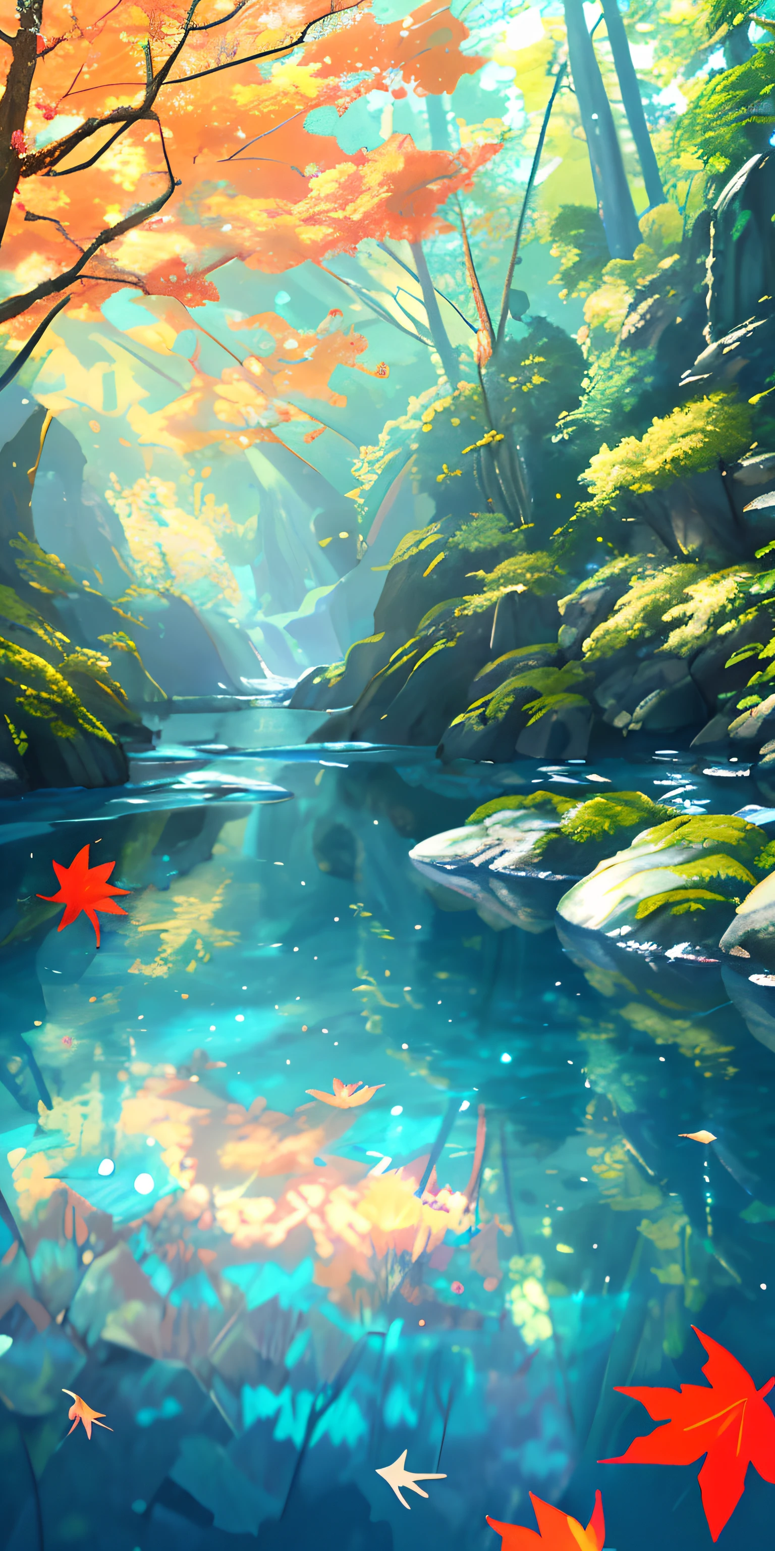 tmasterpiece，best qualtiy，Very detailed CG unity 8k wallpaper，Most Best Illustration，best shadow，naturey，Blue sea，Delicate leaves of various colors fall in the light of the air，trace，ultra-detailliert --v6