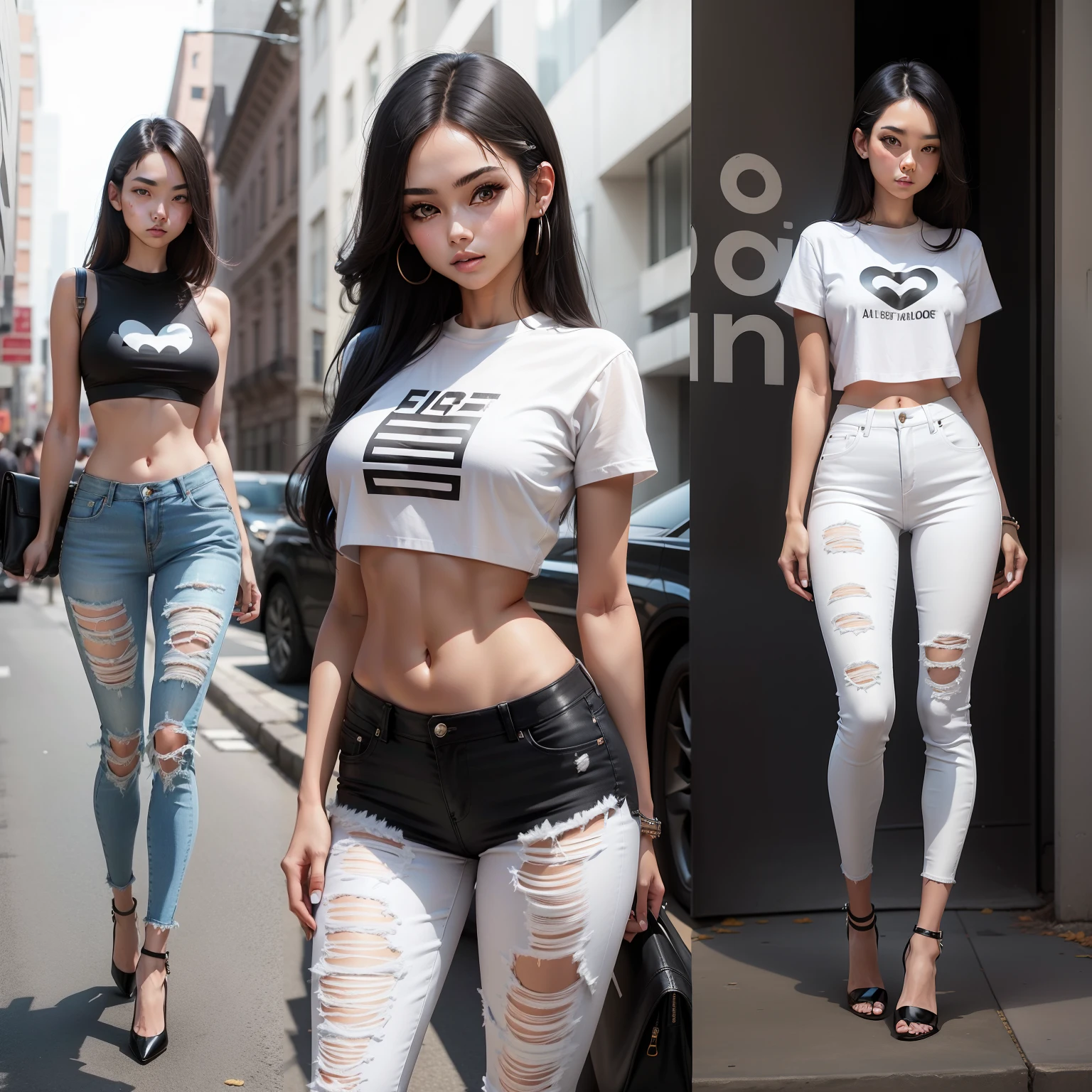 Girl posing for photo in white bra and black skinny denim, full body portrait, cropped t-shirt, bra and streetwear, slim figure, smaller bust, slim girl model, 24 year old female model, white high heels, standing posture,