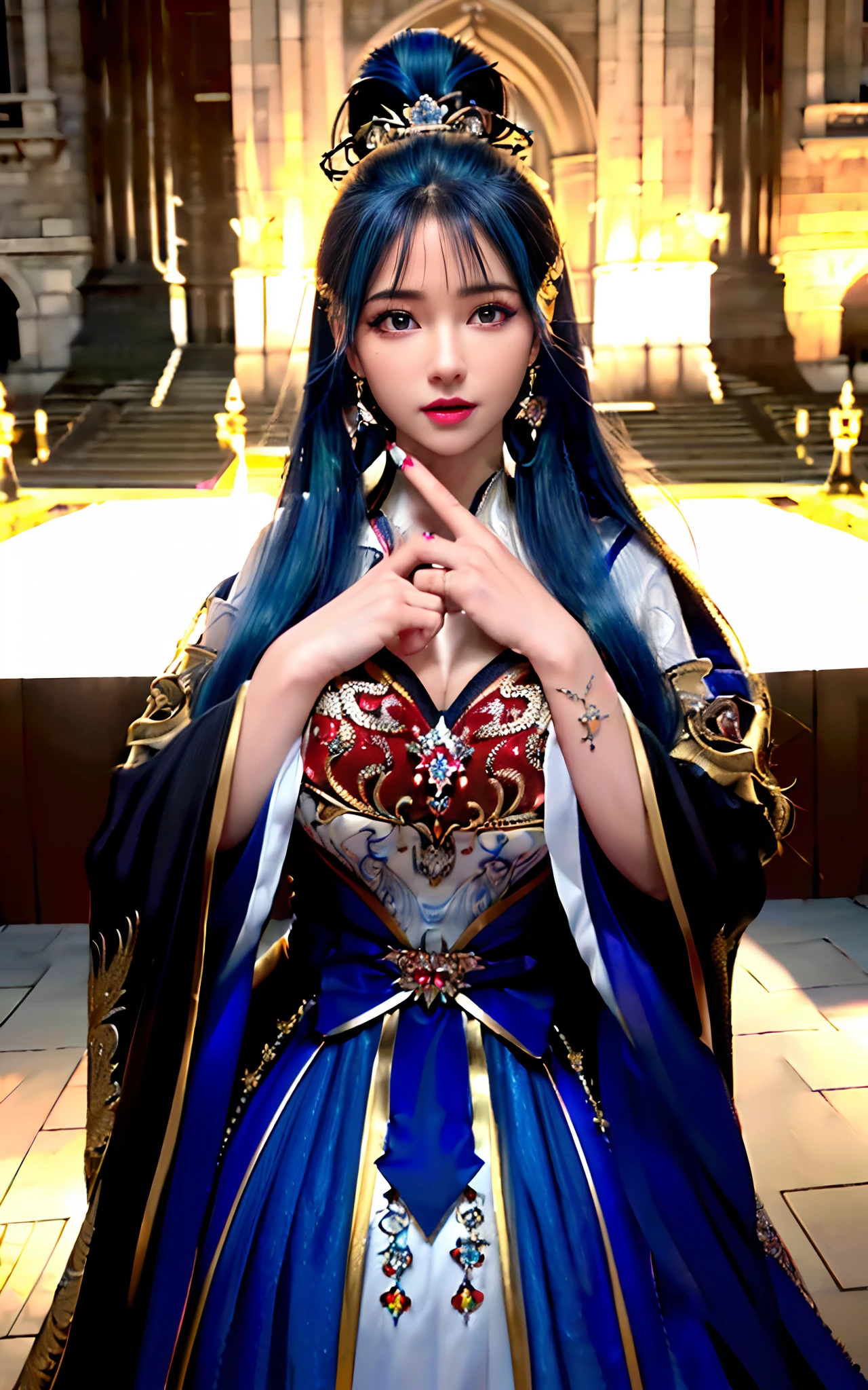 ((realisticity: 1.2)), ((realistic: 8K UHD)), ((best resolution: 8K UHD)), hyper detailed, best quality,masterpiece,highres,cg, ((1 girl hyper detailed and hyper realistic) ) , ((beautiful queen, hyper realistic and hyper detailed)),((white skin, beautiful, smooth, youthful, hyper realistic and hyper detailed )), ((Face hyper beautiful, white, hyper realistic and hyper detailed ) ), long hair, ((hyper realistic and hyper detailed dress)), solo, ((hyper realistic, hyper beautiful, beautiful and hyper detailed jewelry)), ((hyper beautiful deep red and golden yellow dress, hyper realistic and hyper detailed )) , ((Her pretty, hyper realistic, hyper detailed diamond filled earrings)), ((Her gorgeous diamond haircut, hyper realistic and hyper detailed)), ((hyper pretty upper body, hyper beautiful, hyper realistic and hyper detailed) ), ((medium breast: 1.1)), ((hyper realistic, hyper pretty, hyper detailed boobs)), ((the backgroun of the royal palace is hyper majestic, hyper realistic and hyper detailed)),((hands and palms hyper beautiful, hyper detailed, hyper realistic)), ((hyper detailed and hyper realistic fingers and fingernails)), ((hyper pretty fingernails, hyper vivid, hyper detailed, hyper realistic)), ((thumb, index finger, middle finger, ring finger, little finger hyper vivid, hyper pretty, hyper detailed, hyper realistic)),
((hyper beautiful fingers, hyper detailed, and hyper realistic)), ((posture not too fat and not too thin, hyper realistic, hyper detail)), ((hyper pretty, hyper pretty, hyper realistic and hyper detailed hair bun)), ((hyper pretty , hyper realistic and hyper detailed blue hair)), candid, Photo, high resolution, 8k , bokeh,