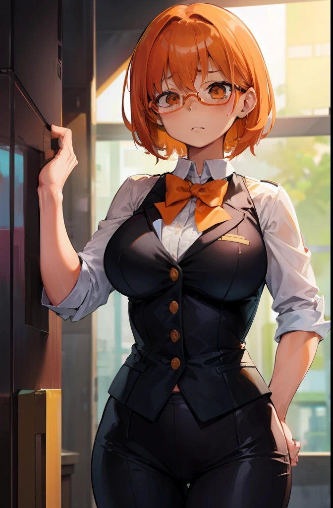 Female ,Embarassed, shy, Round orange glass glasses, big breasts, Short orange hair, Small hips, Working as detective, detective clothes, investigating