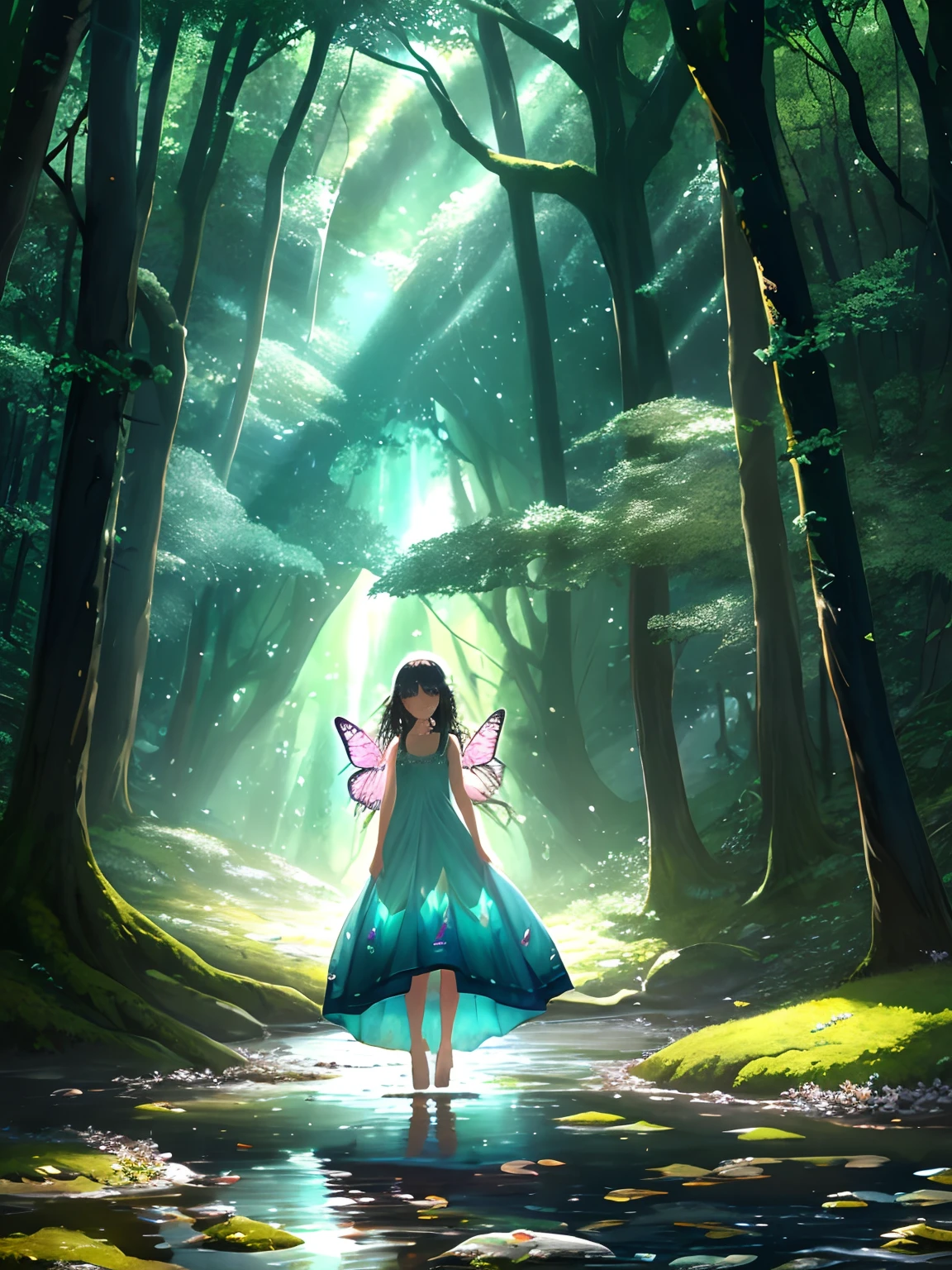 In the foreground, a young girl in a flowing, iridescent dress stands at the edge of a bubbling brook. Her bare feet sink into the moss-covered ground as she reaches out to touch a delicate, luminescent butterfly that flutters nearby. The butterfly, with wings shimmering like stained glass, seems to mirror the ethereal glow of the landscape.