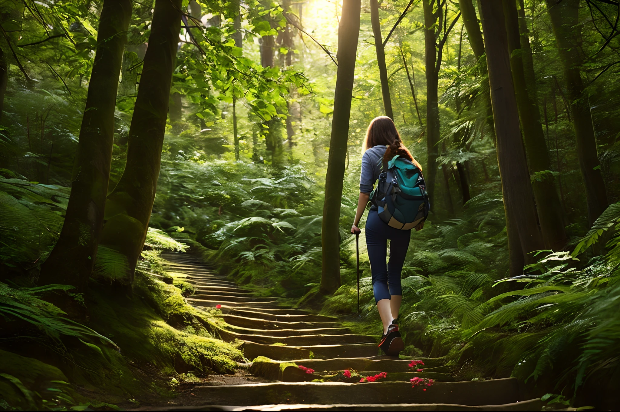 (Masterpiece: 1.2), (Best Quality), Detailed, UHD, Cinematic Lighting, Sharp Focus (Illustration: 1.1), Intricate, Extremely Detailed, (Young Woman Walking Picking Flowers: 2), Green Slope Down, Under Roof of the forest, large and leafy trees, with slow and soft steps coming out of the steepness of the mountain, looking for those most remote labyrinths, movement-proof, the environment transmits tranquility, ultra-realistic, RAW photography,
