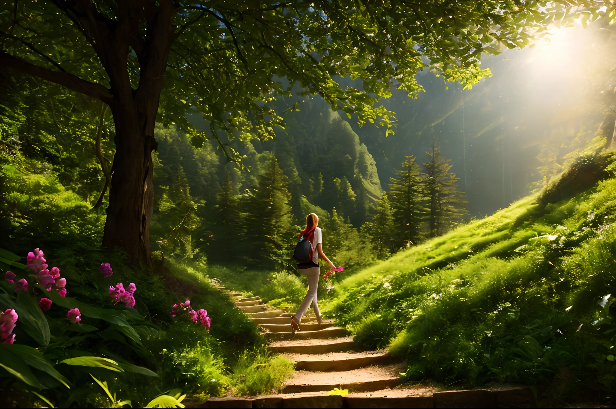 (Masterpiece: 1.2), (Best Quality), Detailed, UHD, Cinematic Lighting, Sharp Focus (Illustration: 1.1), Intricate, Extremely Detailed, (Young Woman Walking Picking Flowers: 2), Green Slope Down, Under Roof of the forest, large and leafy trees, with slow and soft steps coming out of the steepness of the mountain, looking for those most remote labyrinths, movement-proof, the environment transmits tranquility, ultra-realistic, RAW photography,