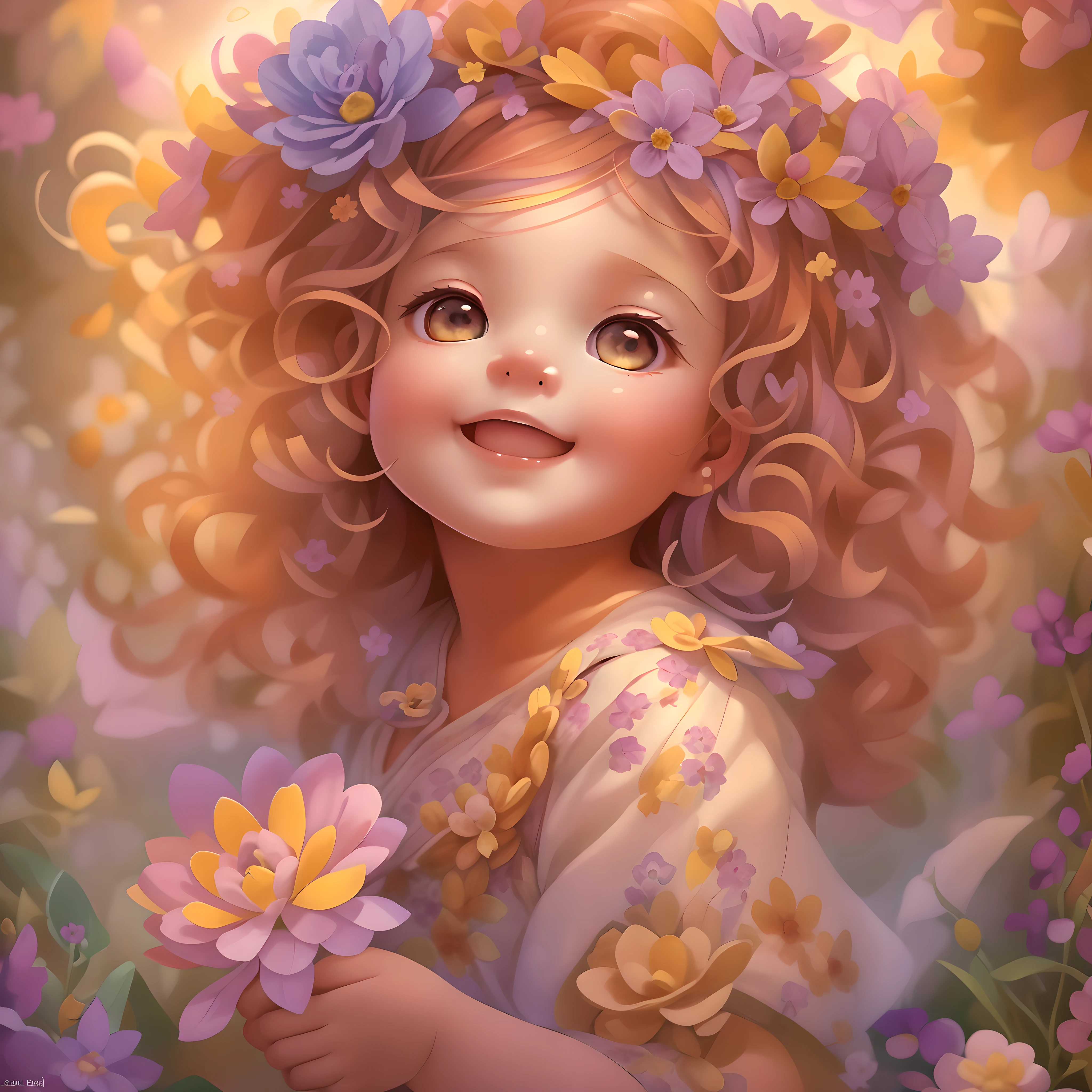 In the enchanting realm of wonder and delight an absolutely captivating and utterly adorable cherub of a little girl with cascading golden curls adorned with a myriad of multicolored flowers reminiscent of a vibrant Josephine Wall painting radiates pure and unparalleled joy that simply warms the heart, Dreamlike, Ethereal, Ethereal, Glow, Soft focus, Digital painting, Highly detailed, Artstation, Concept art, Smooth, Sharp focus, Illustration, trending on artgerm, by lois van baarle, Loish, and samyang.