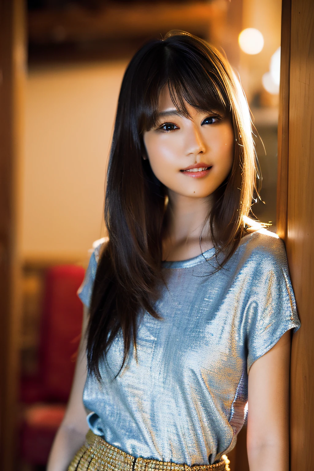 (8k, RAW photo, best quality, masterpiece:1.2), (realistic, photo-realistic:1.37), ultra-detailed, ultra high res,1 girl,looking at viewer,beautiful detailed face,smile,narrow,(slim waist:1.3),shirt, beautiful detailed skin, skin texture, floating hair,professional lighting,